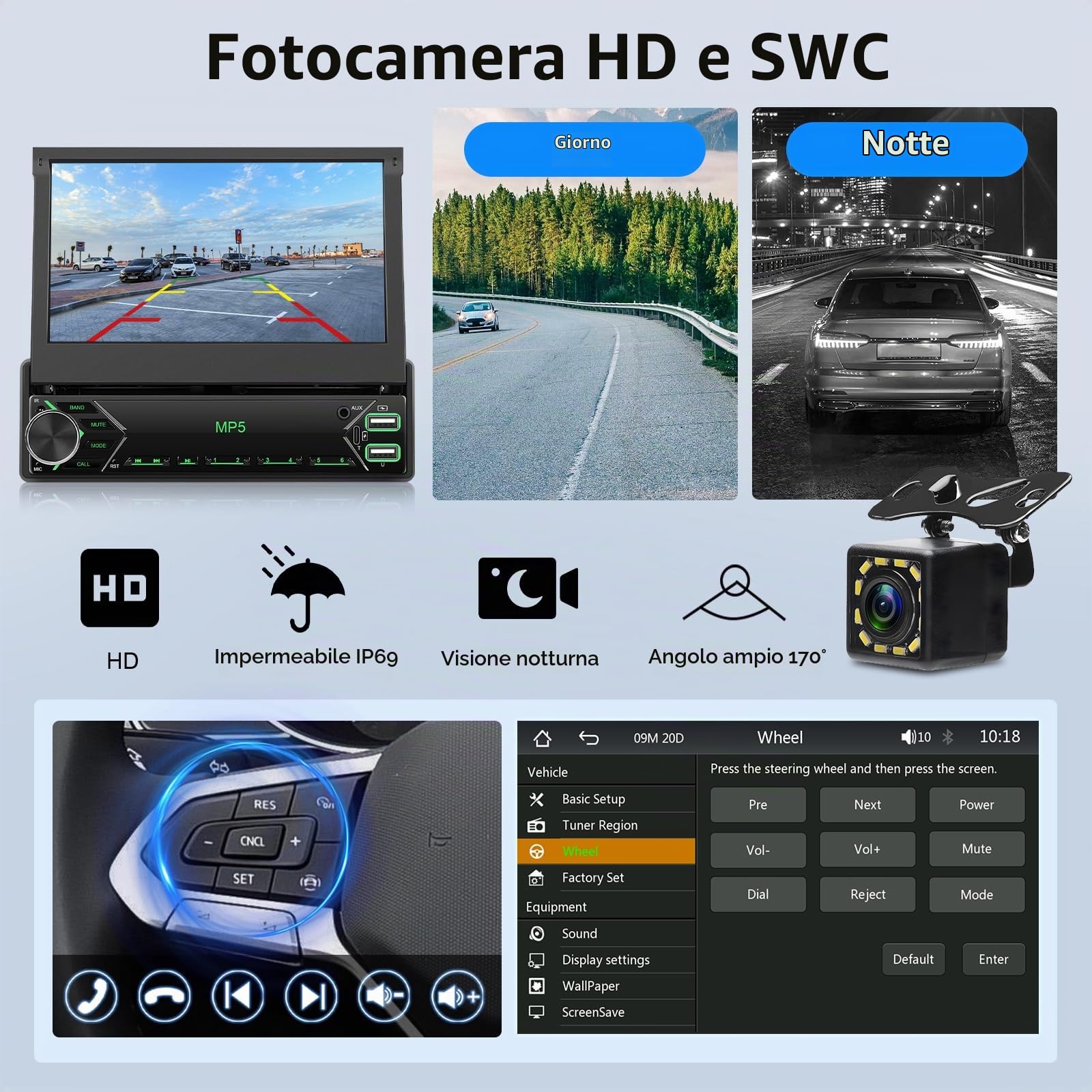VECHTEL Autoradio 1 Din con wired Carplay Android Auto, Schermo Tattile Pieghevole da 7 Pollici IPS Bluetooth Stereo Auto, Radio FM, Mirror Link, USB, SWC, Mic, Telecamera Posteriore
