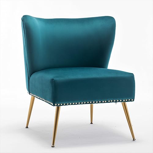 Miniatura 2 de Container Furniture Direct Thia Silla decorativa de terciopelo sin brazos para sala de estar, elegante asiento con ribete de cabeza de clavo, patas