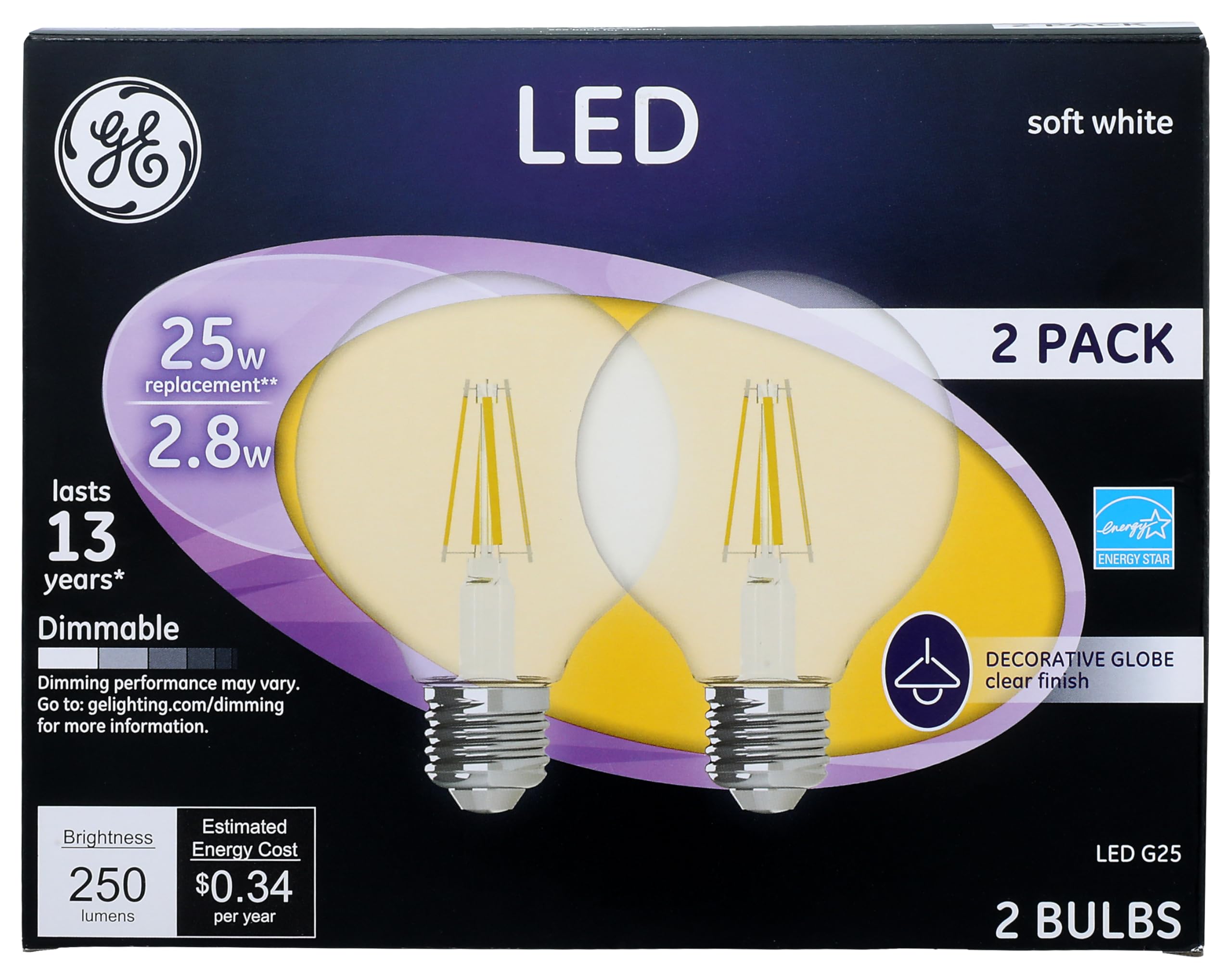 GE LED Light Bulbs, 25 Watt, Soft White, G25 Globe Bulbs, Clear, Medium Base (2 Pack)