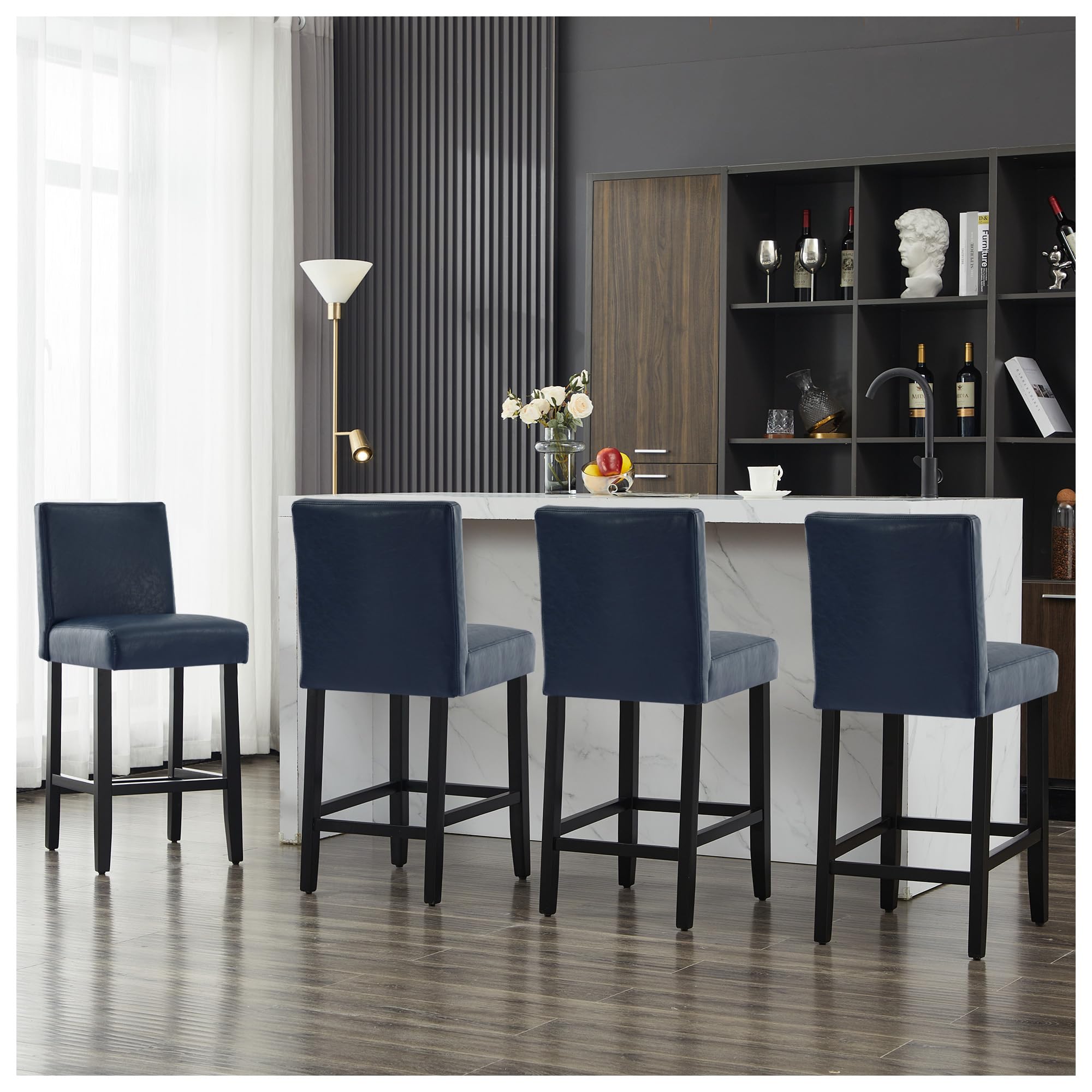 26'' Faux Leather Bar Stools Set of 4, Modern Upholstered Bar Chairs with Back, Soild Wood Legs Barstools for Kitchen Island, Blue