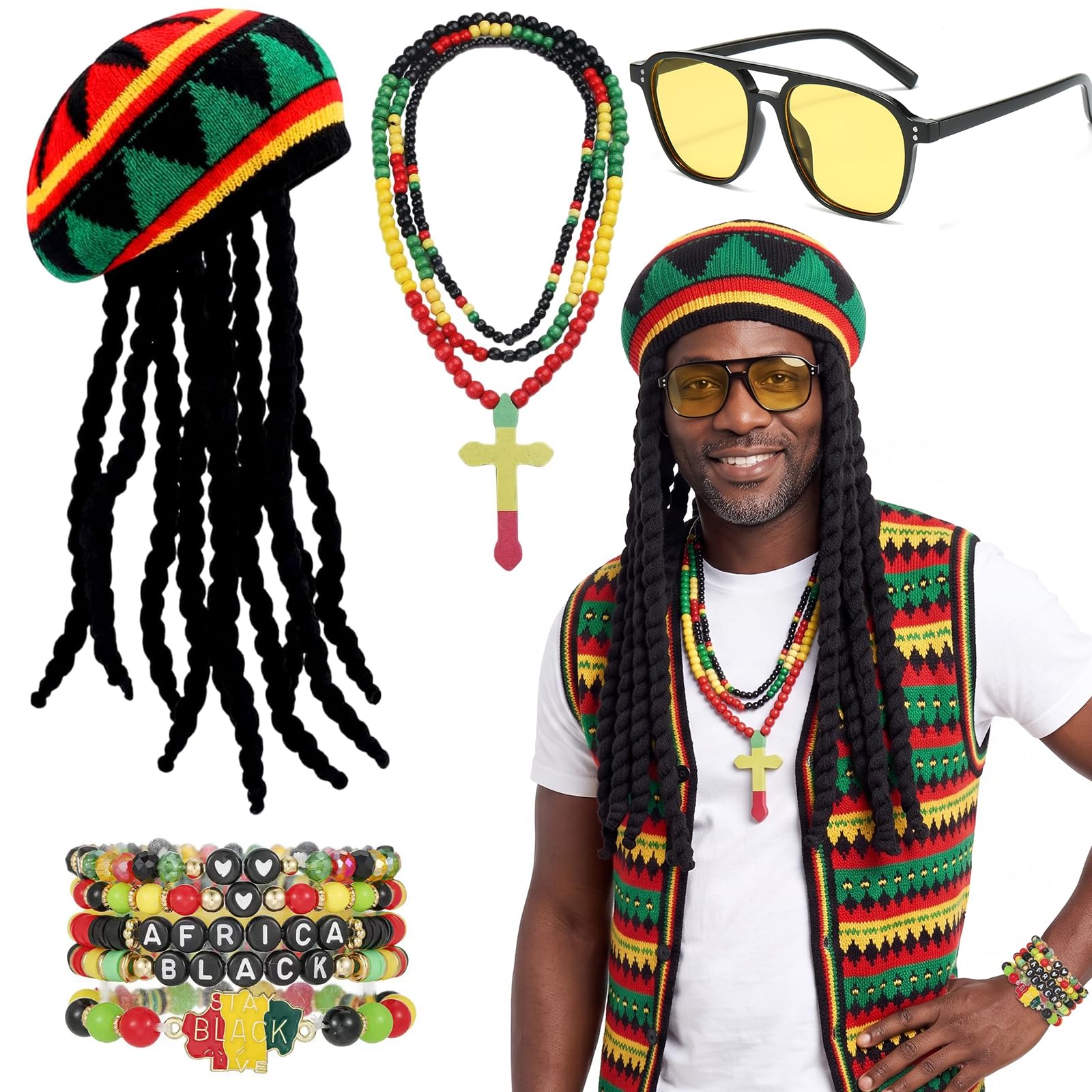 4Pcs Reggae Accessories Set, Rasta Hat with Dreadlocks for Carnival Party
