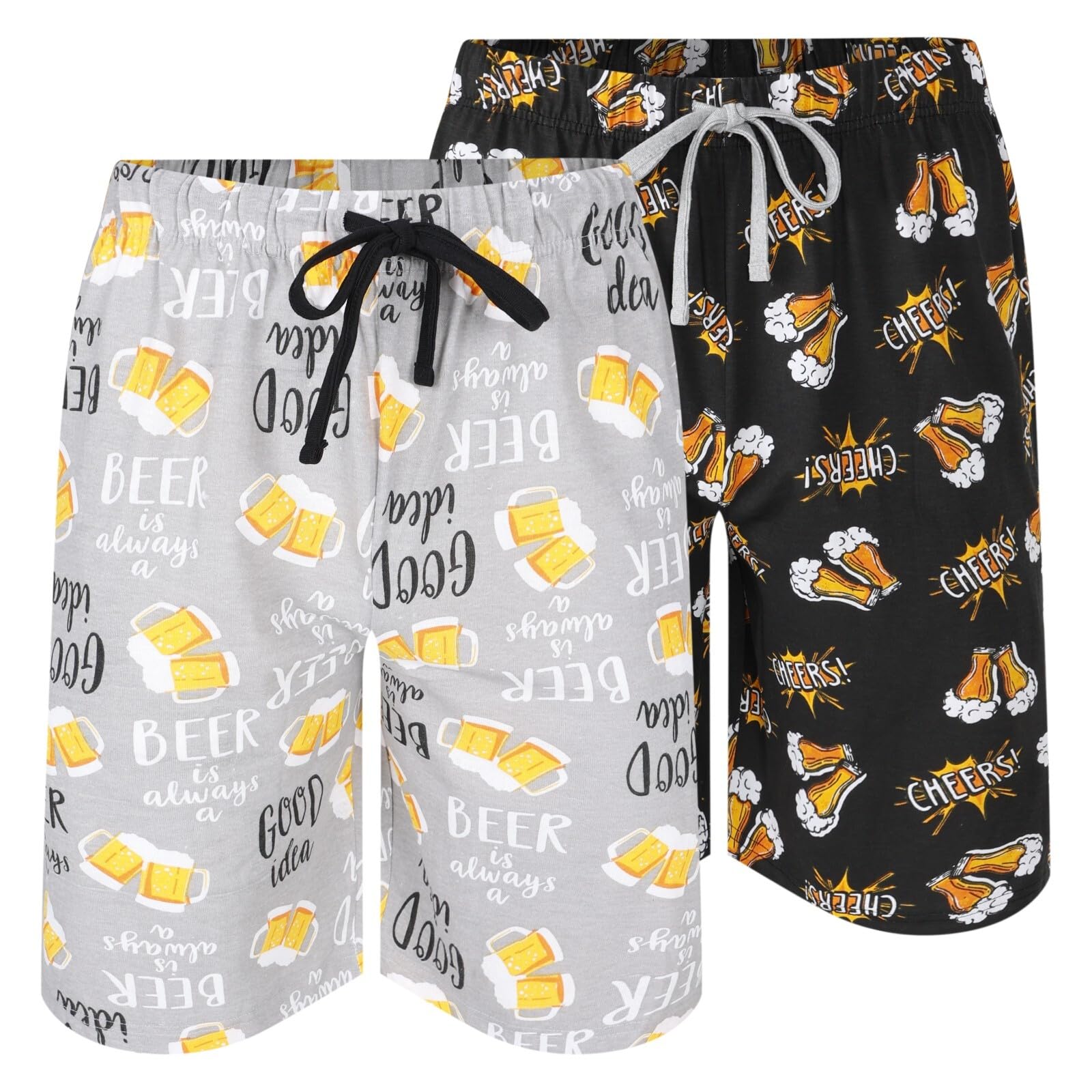 North East Men's Cheers Good Idea Blk/Gry 2 Pack Pyjama Shorts Novelty Beer Game Donuts M To 2XL Lounge Sleep Shorts (Cheers-Xl)