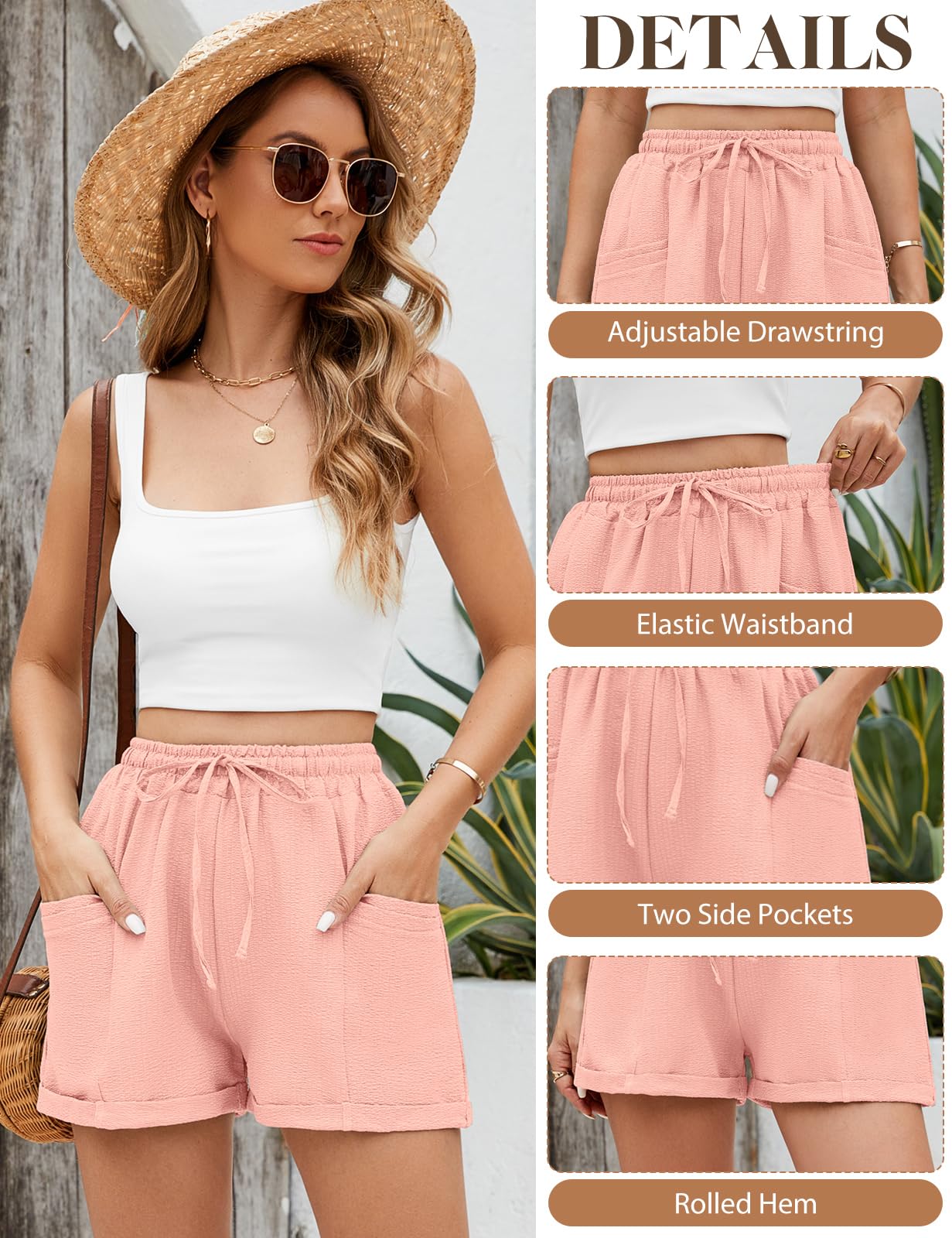 PASUDA Pantaloncini Donna Estivi Casual Vita Alta Pantaloni con Coulisse Pantaloncini Corti Leggero Larghi Tinta Unita Pantaloni Sportivi con Tasche