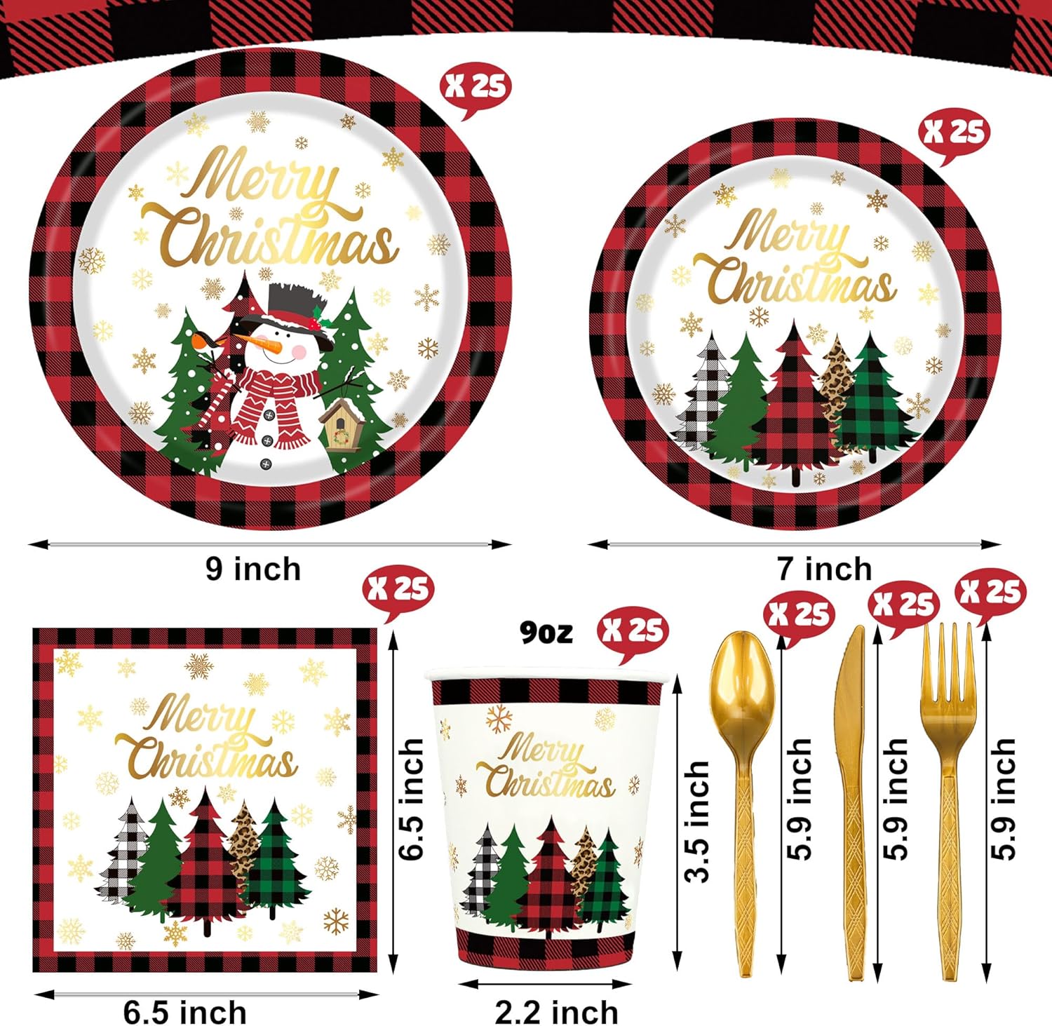 Christmas Paper Plates Napkins Cups Disposable Merry Christmas Party Tableware Supplies Buffalo Plaid Xmas Tree Snowman Paper Dinnerware Set for Holiday Xmas Party Supplies, Serve 25