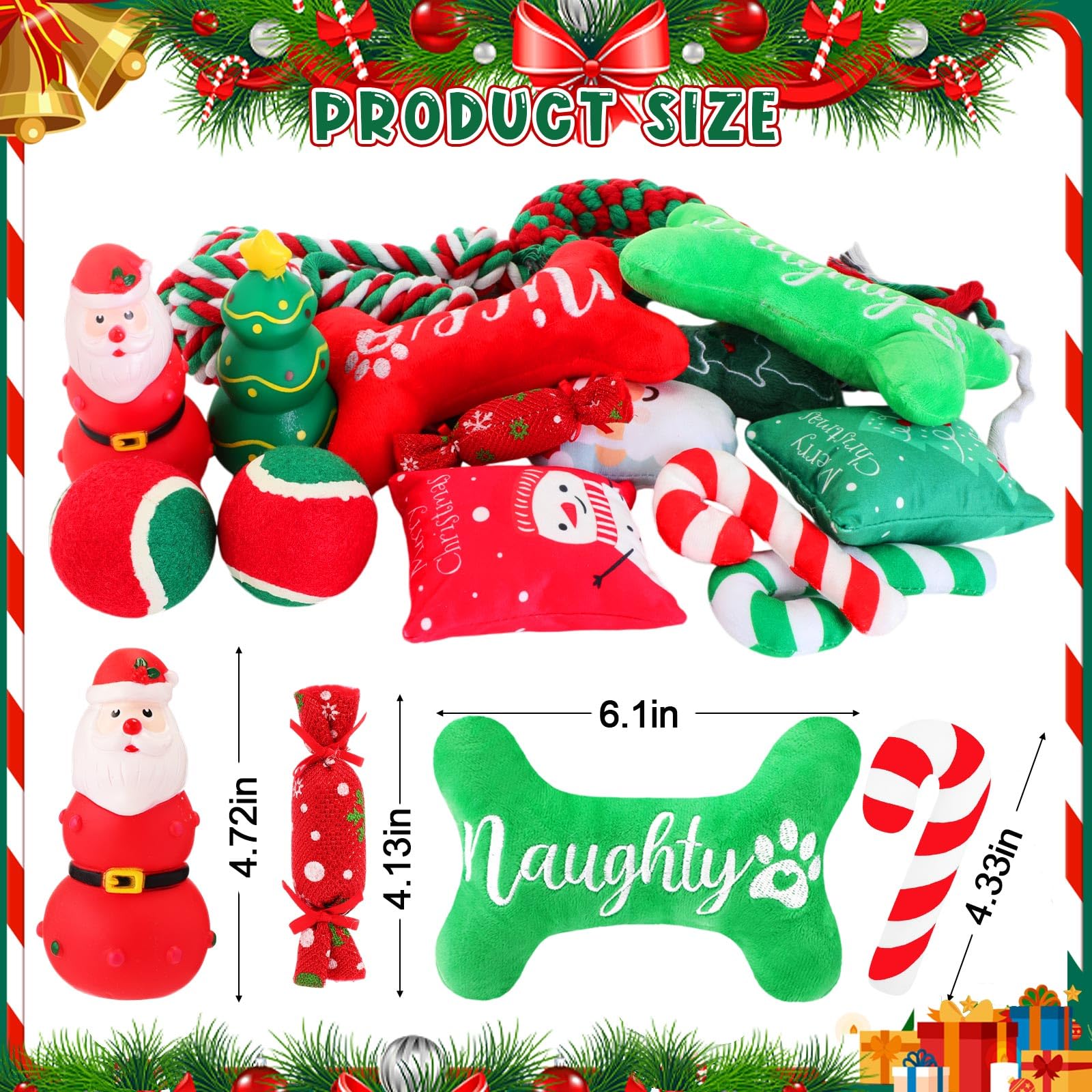 Lot de 16 jouets de Noël pour chien - Jouets couineurs en corde à mâcher pour chiens de petite, moyenne et grande taille - Cadeau de dentition