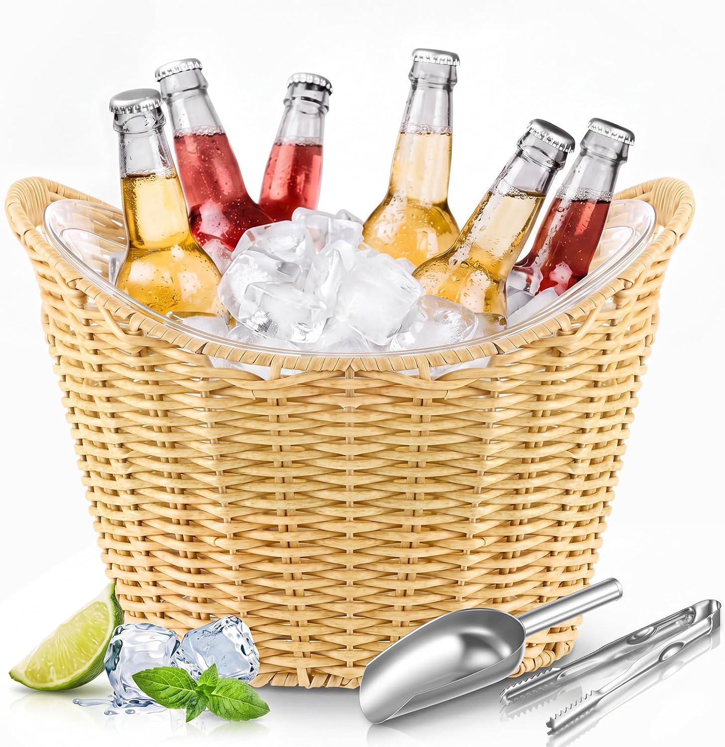 4 Quart Small Ice Bucket with Wicker Outer Basket, Scoop, Tong and Handle
