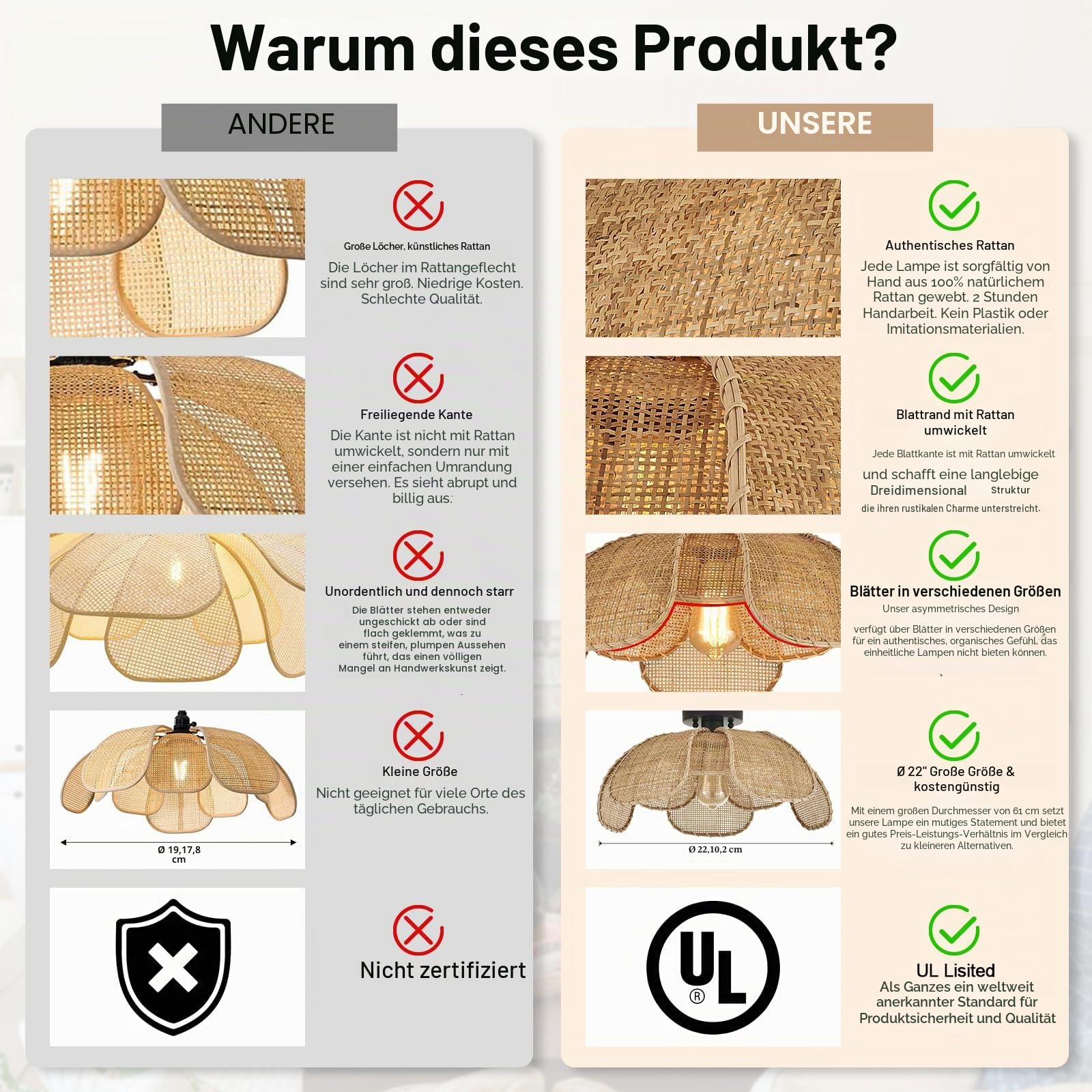 22" Natürliche Rattan Einbau-Deckenleuchte Hanfseil Korbgeflecht Handgewebter Boho Kronleuchter mit Blumen Lampenschirm für Veranda Terrasse Flur