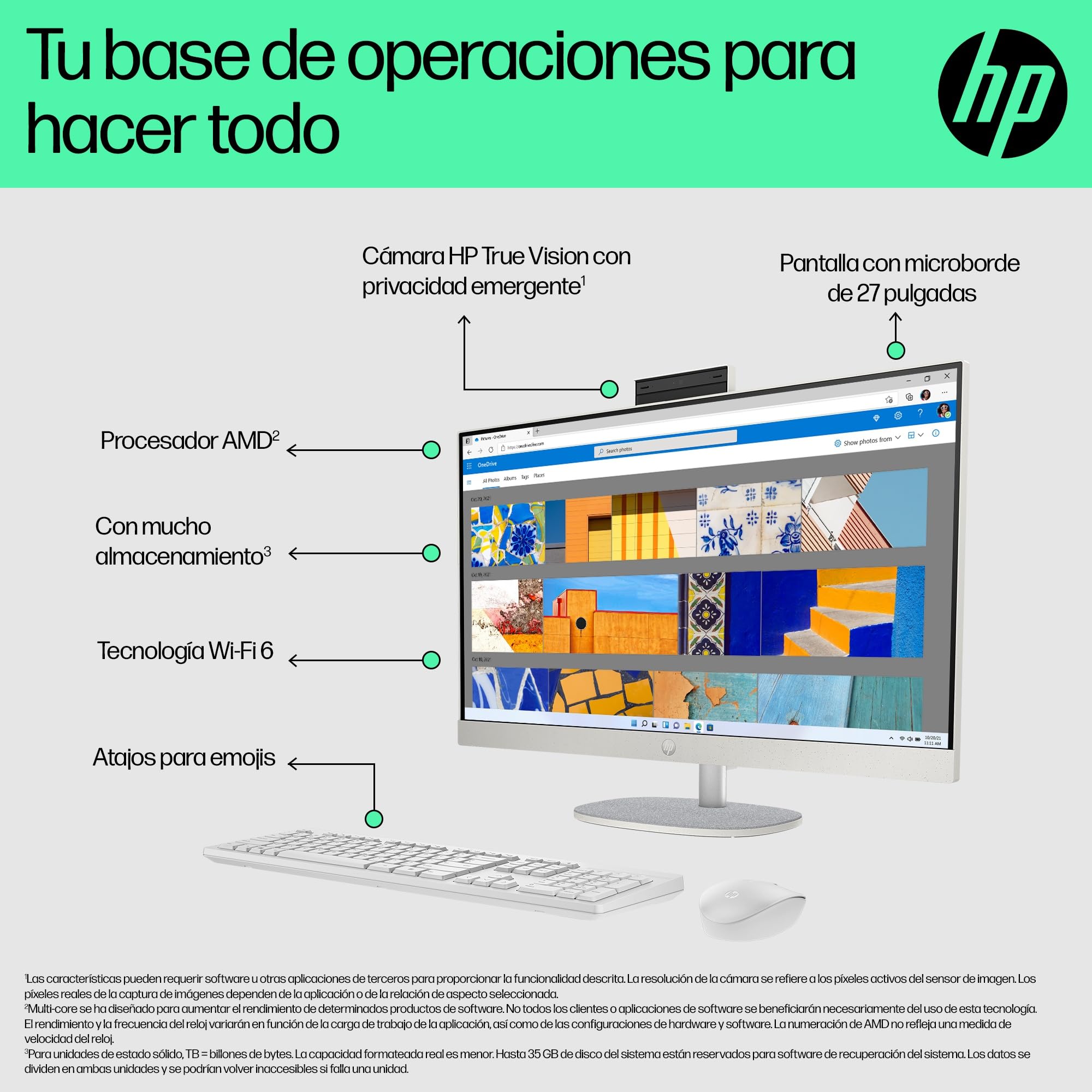 HP All-in-One 27-cr0007ss - Ordenador de sobremesa 27" Full HD con cámara, Teclado y ratón inalámbricos (AMD Ryzen 5 7520U, 16GB RAM, 512GB SSD, Windows 11 Home) Blanco