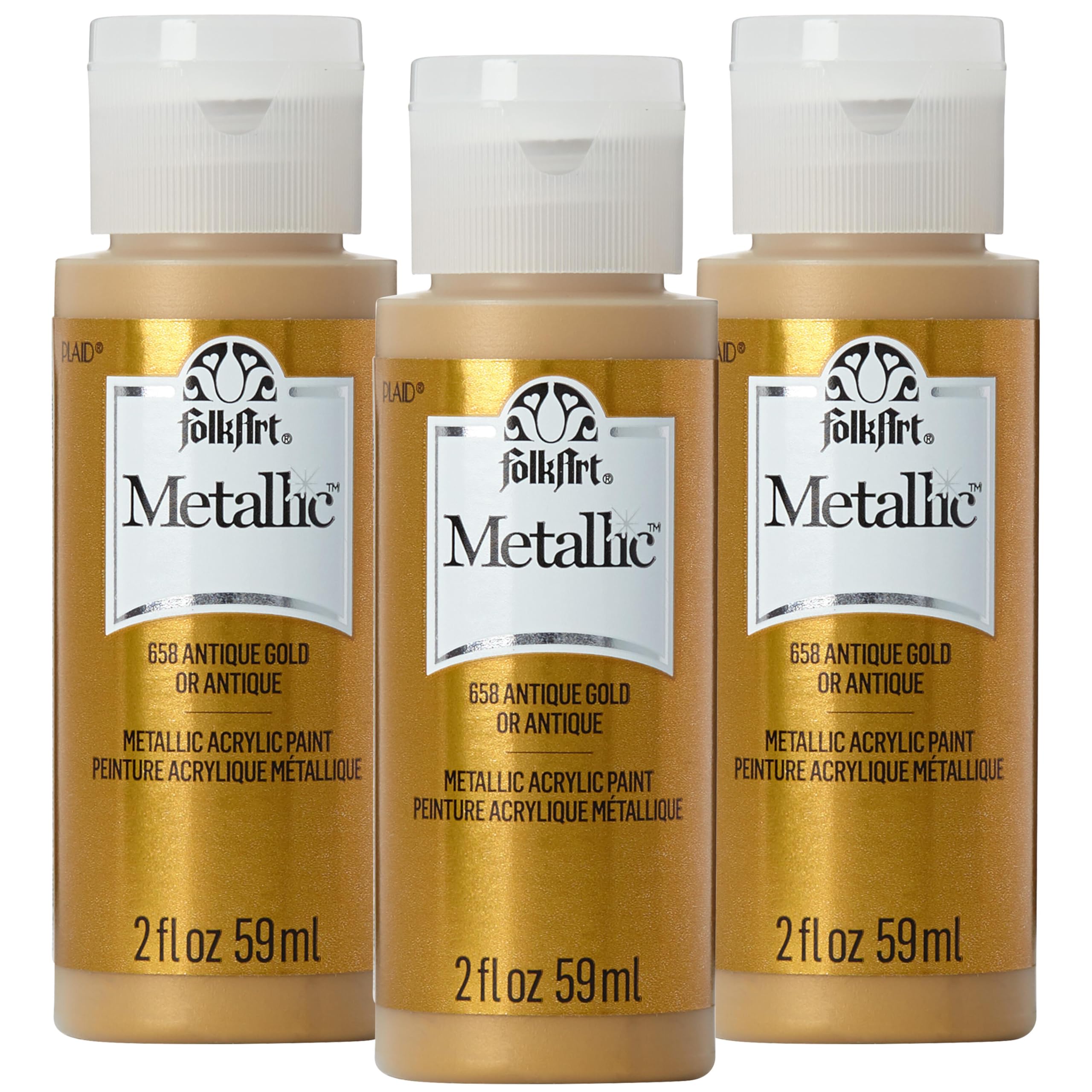 FolkArt K658 Paint Acrylic Metallic, Antique Gold (Pack of 3) 2 oz, 658A- (Pack of 3