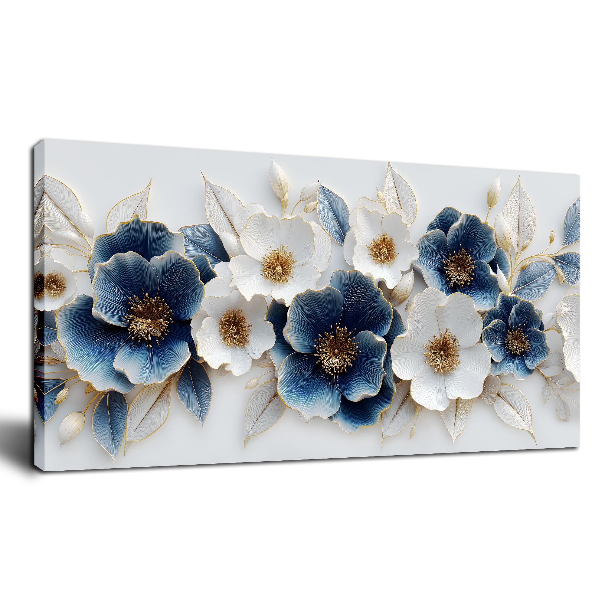 large canvas wall art for living room blue and white floral print painting wall decor for bedroom office modern home botanical framed wall decorations artwork size 20x40 ready to hang