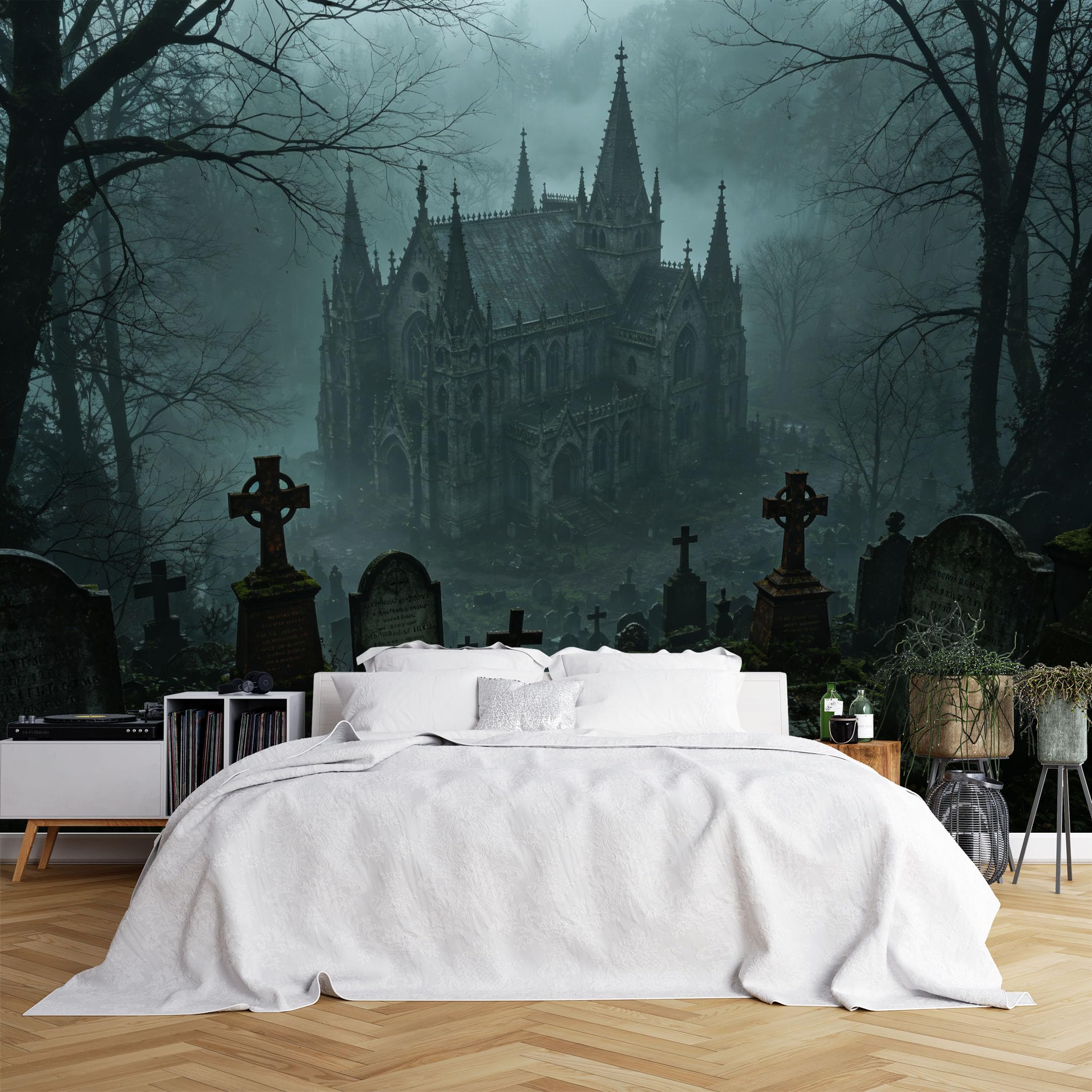 Lcythiazole Ch260615123 Custom Size Wall Murals Foggy Abandoned Church Cemetery Forest Wall Murals Hd Dark Landscape Wallpaper Wall Stickers Self-Adhesive Removable Wallpaper For Basement