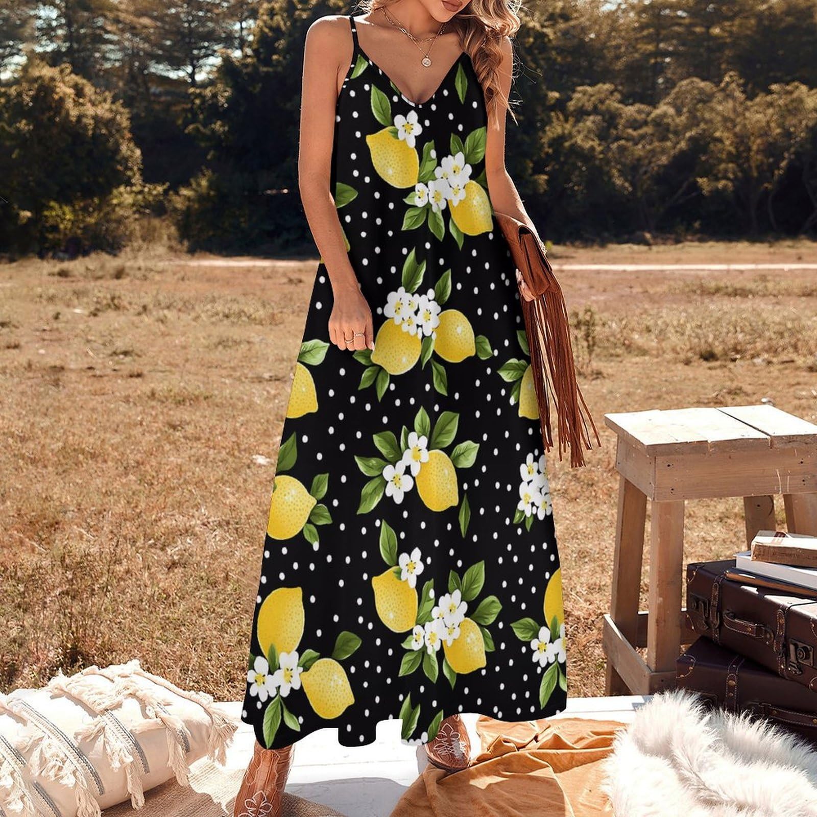 Vestido casual de verano con estampado de lunares y flores de limón para mujer, vestido largo de espagueti ajustable, largo hasta el tobillo con volantes