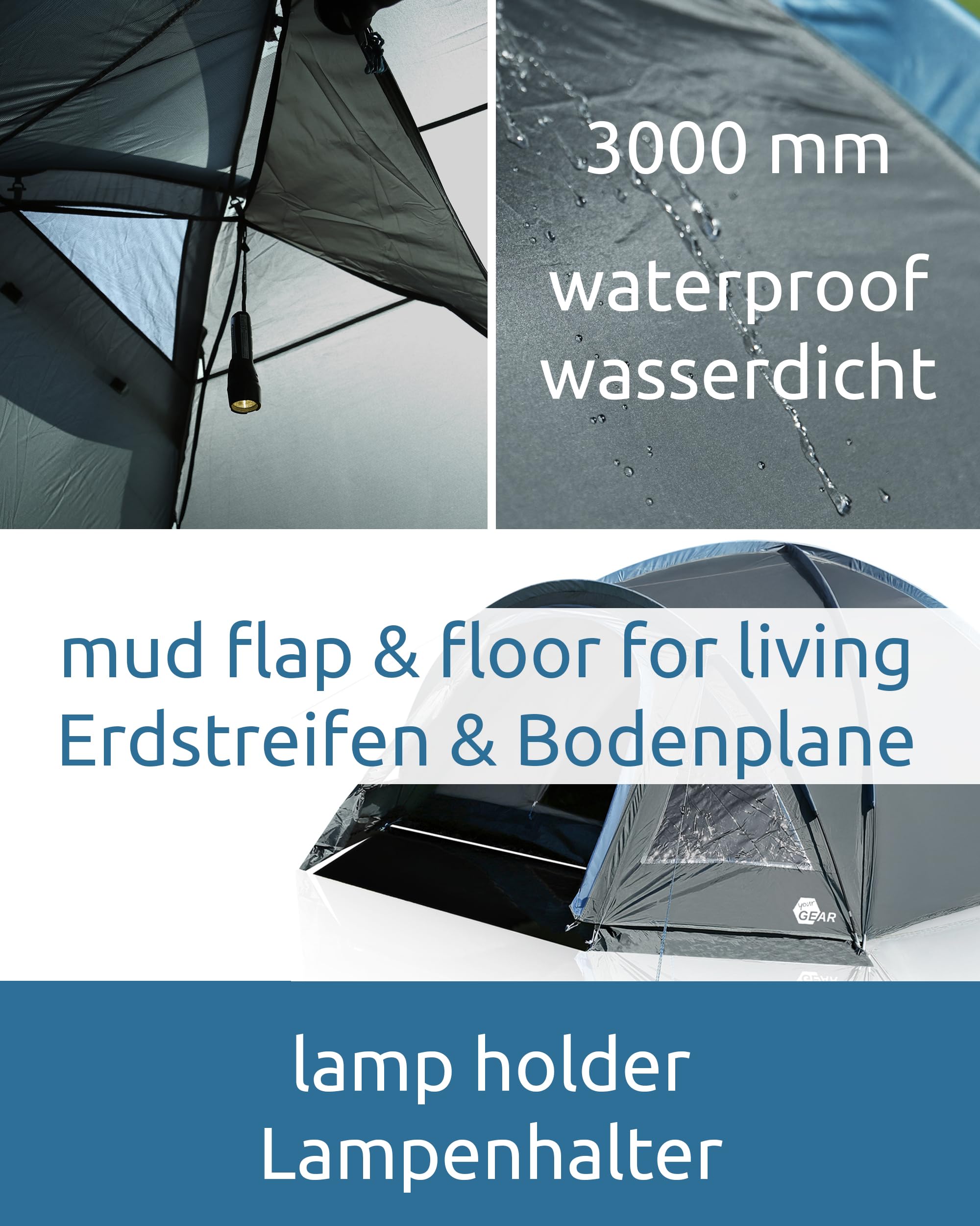 Your GEAR Monza - Tenda a cupola per 4 persone, UV50+, impermeabile, 3000 mm, con stelo, telone per pavimento, finestra, 56 x 20 x 20 cm