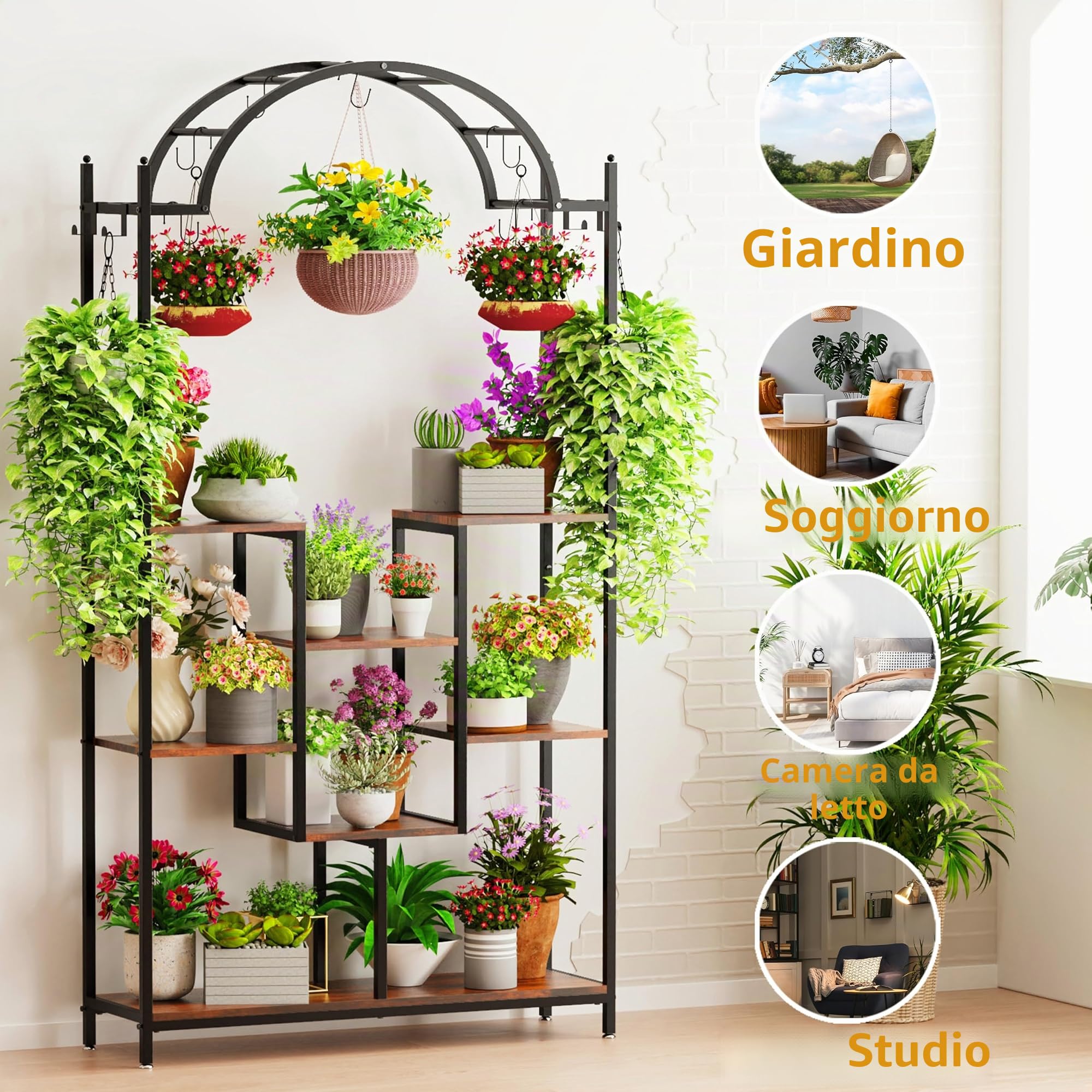 unho Portafiori Portapiante 5 Livelli Metallo: Supporto per Piante Grande 190cm Altezza Scaffale Porta Piante con 16 Ganci Espositore da interno Balcone Soggiorno