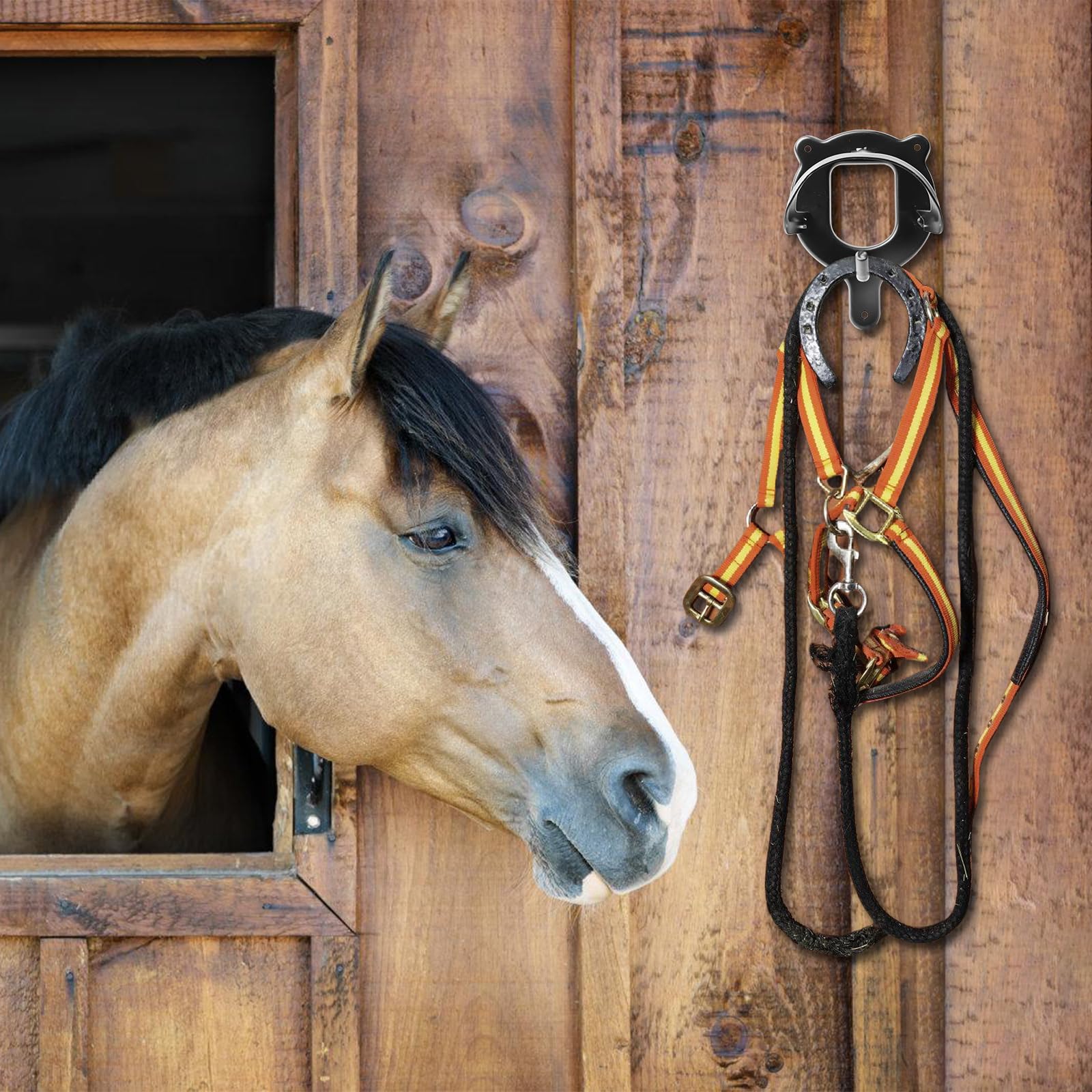 Soporte para caballo de metal negro, gancho de trinquete con tubos y tornillo, brida auxiliar