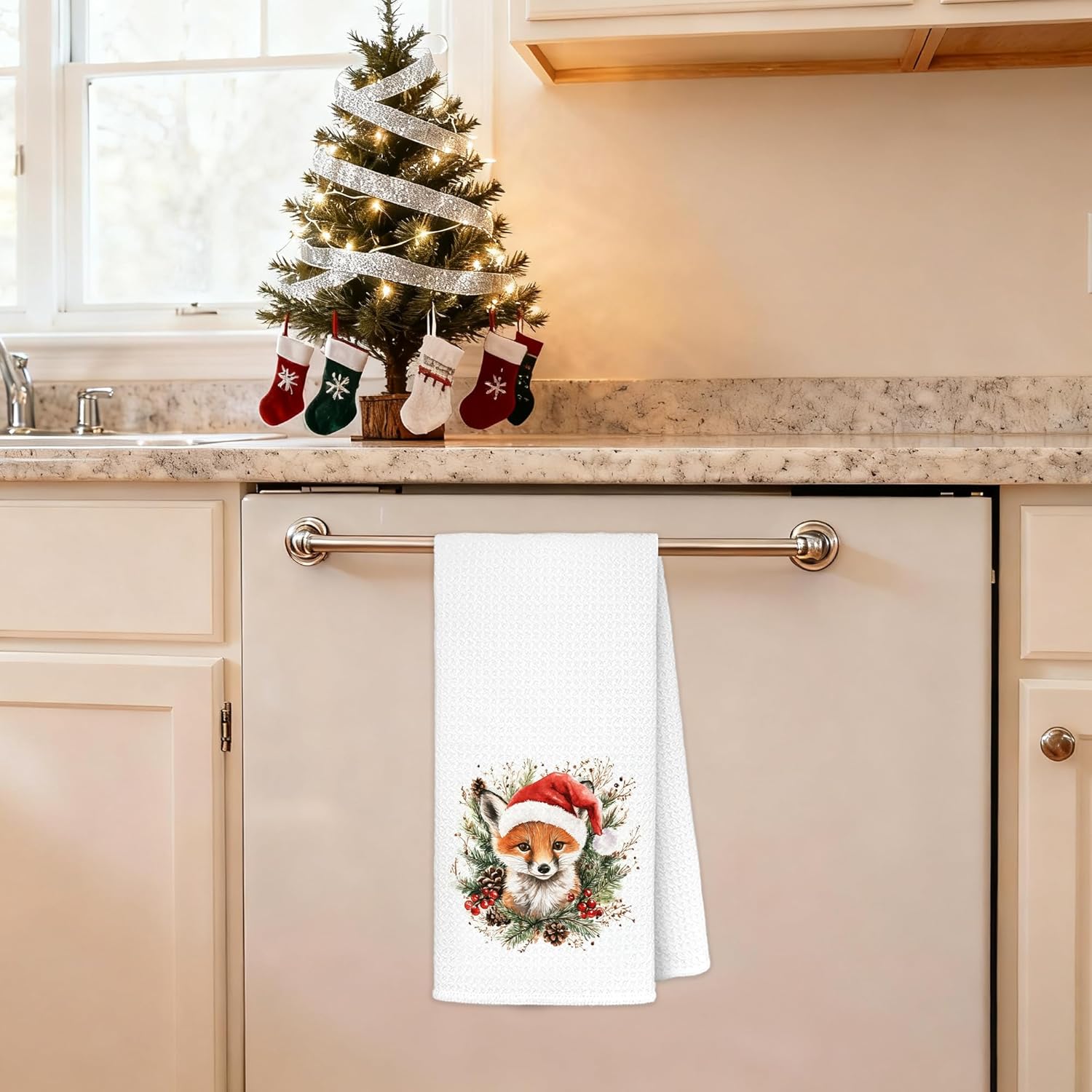Vintage Christmas Fox Kitchen Towels, Fox Gifts for Women Decorative Hand Tea Towels for Bathroom, Winter Holiday Farmhouse Santa Xmas Forest Animal Dish Towel Drying Cloth, 16x24 Inches - Image 3