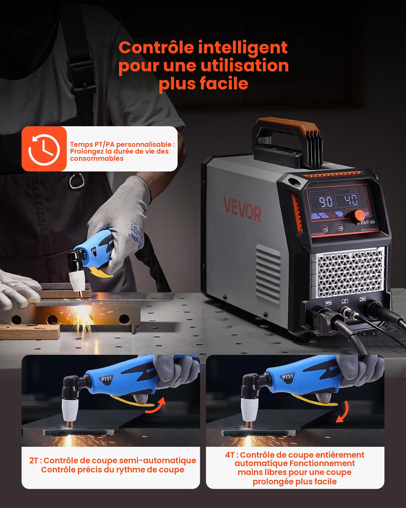 VEVOR Découpeur Plasma, 50 A, Machine de Découpe Plasma 220 V avec Fonction 2T/4T, Onduleur IGBT, Affichage Numérique, Commande Intelligente, Temps PT/PA Réglable pour Réparation à Domicile, Atelier
