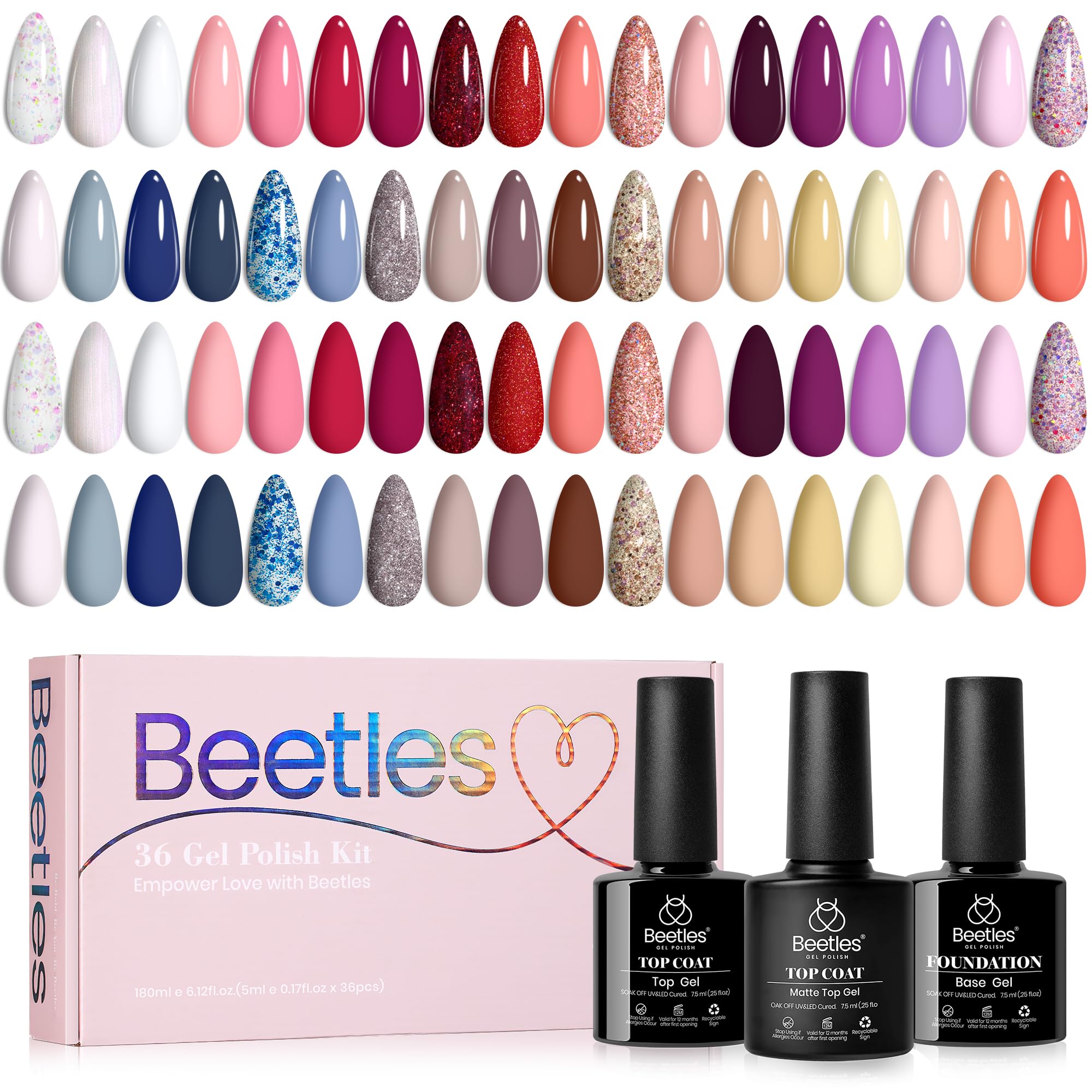 beetles Gel Polish Nail Set 36 Colors Lingering Grace Collection Pink Red Purple Girly Elegant Sparkle Glitter All Seasons Diy Manicure Kit with 3Pcs Base Top Coat