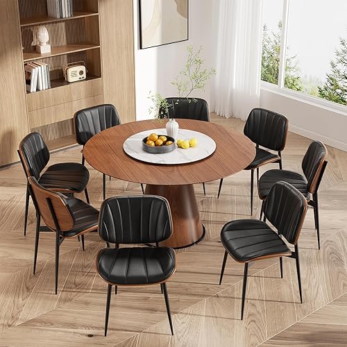 Miniatura 33 de Juego de 6 sillas de comedor, modernas de mediados de siglo, sillas de cocina tapizadas de piel sintética con respaldo de madera curvada de nogal