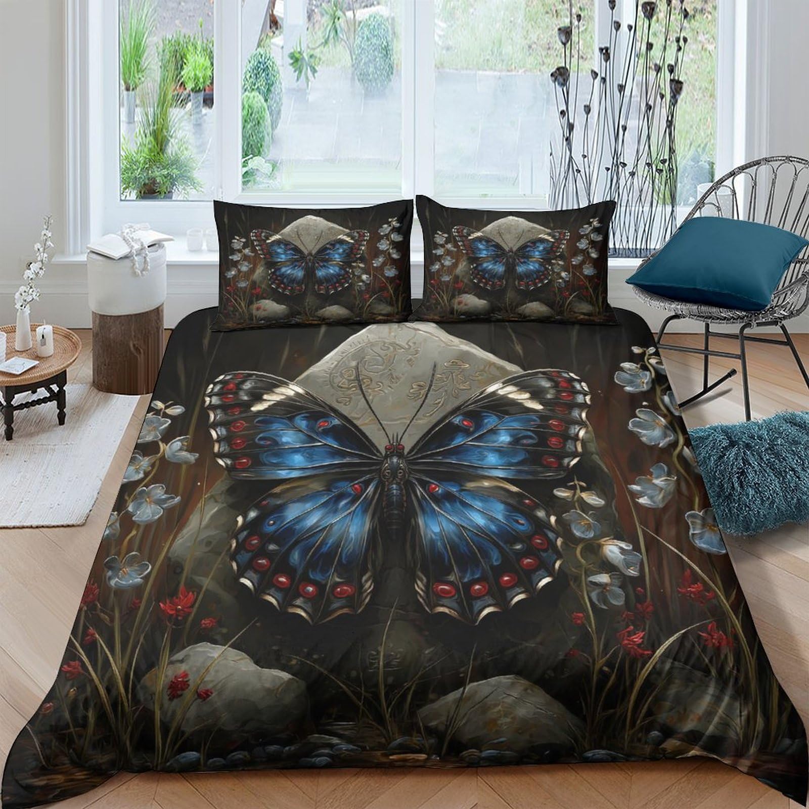 Ctjqhvkz Style-10 3D Printed Blue Butterfly Fitted Sheet Microfiber Soft Black Artistic Bed Cover For Bedroom Dorm Mattress Protection Decor Single（135X200cm）