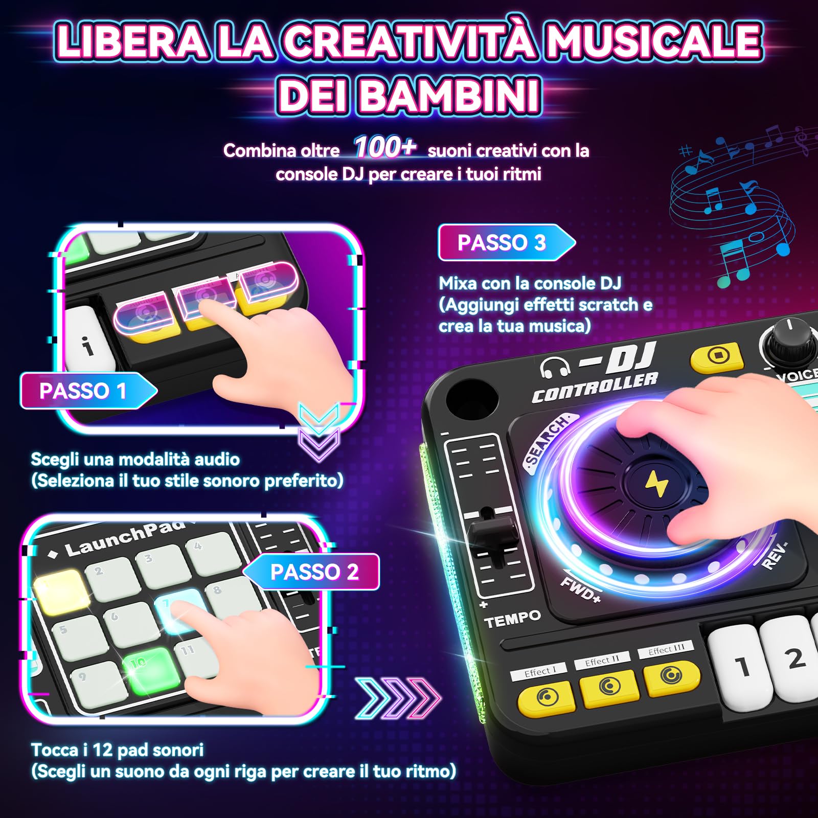 Console DJ per bambini, controller DJ, mixer DJ con funzione di registrazione, 100+ effetti sonori, giradischi DJ realistico e drum pads, regalo per bambini e bambine 3-11 anni, Nero