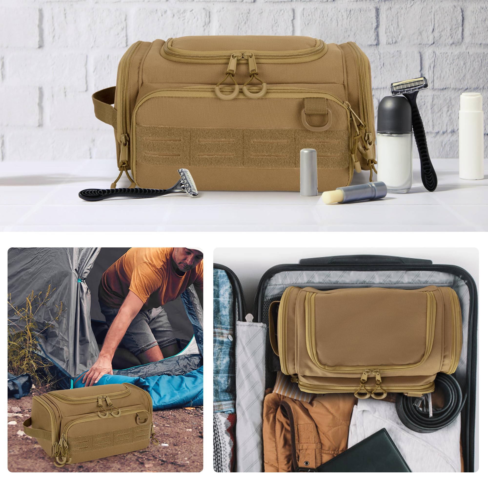 Trousse tattica da uomo, borsa igienica da appendere, organizer da viaggio per rasatura, accessori per la doccia e articoli da toeletta (borsa vuota), Cachi
