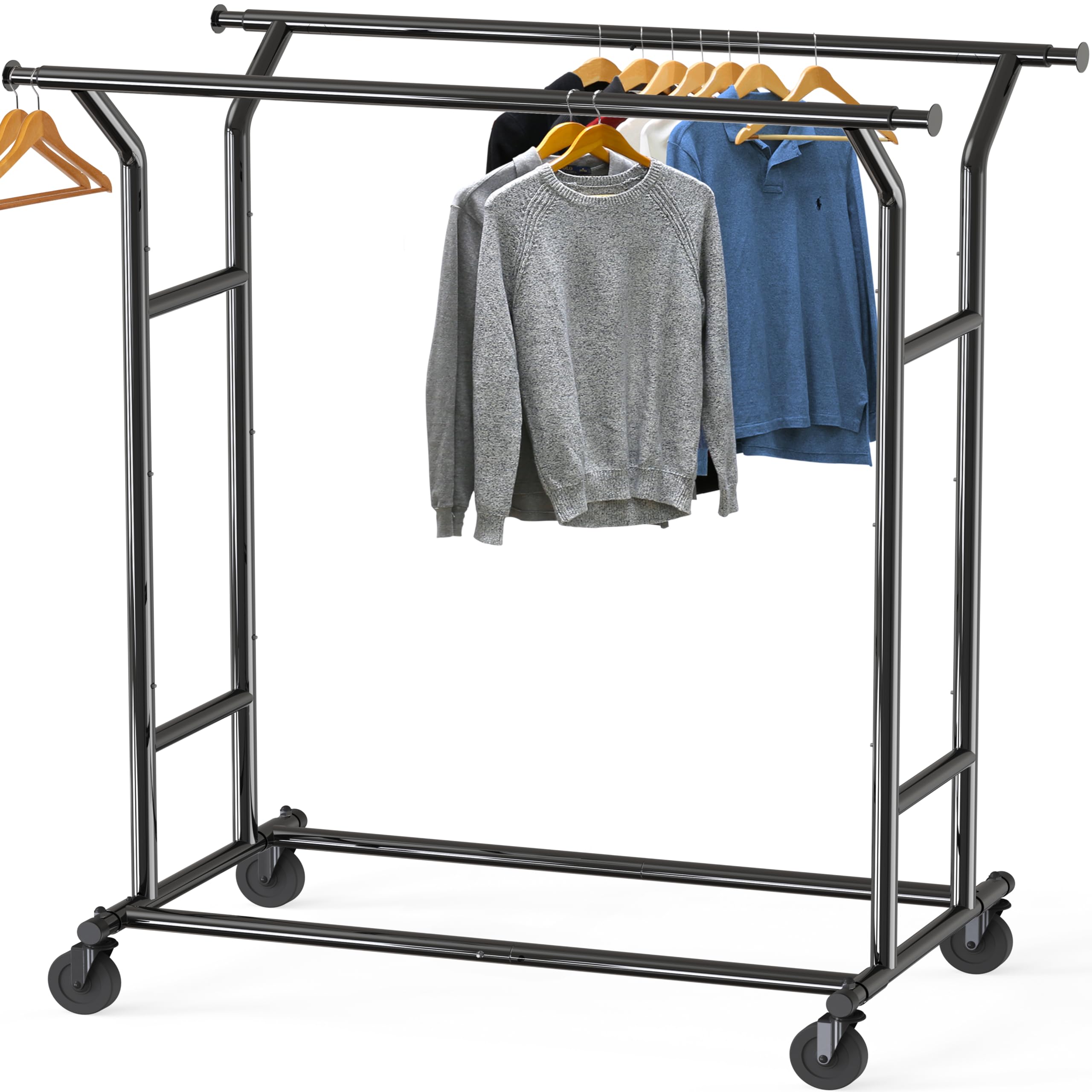 Simple Houseware Heavy Duty Double Rail Clothing Garment Rack, Holds Up to 200 lbs, 43 to 67 Inches Extendable Rod, Black