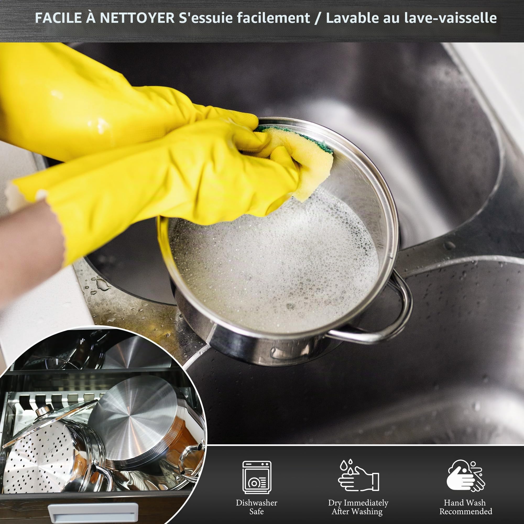 AuFranc® Cuiseur Vapeur à 3 Étages en Inox 18/10 avec Couvercle en Verre, 20CM Cuiseur Vapeur de 3 Litres, Empilable, Casseroles Adapté à la Tous Feux Dont Induction (Argent)