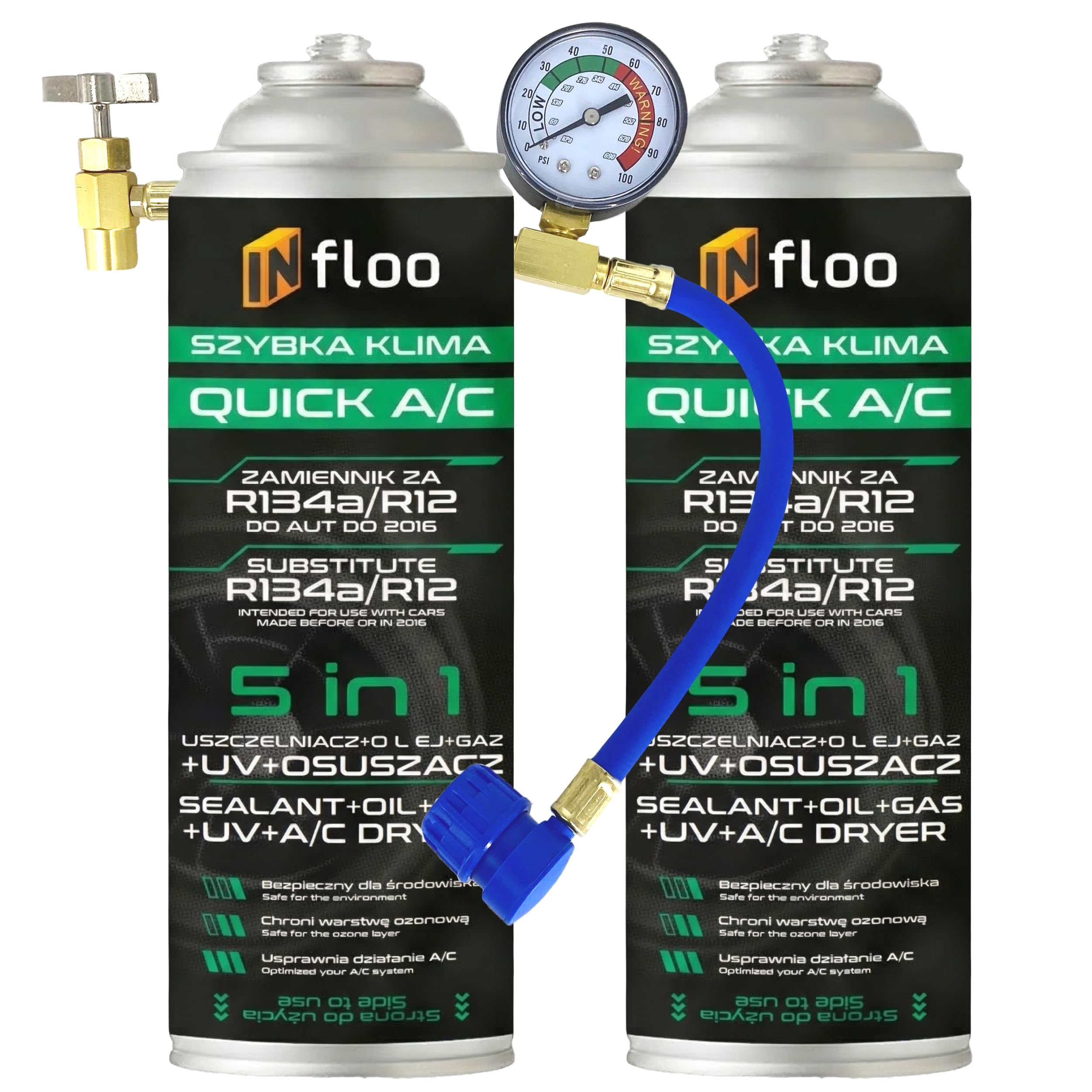 2x Quick A/C 5 in 1 – (Gas R134a olio + sigillante + UV + deumidificatore) + cavo con manometro + guanti