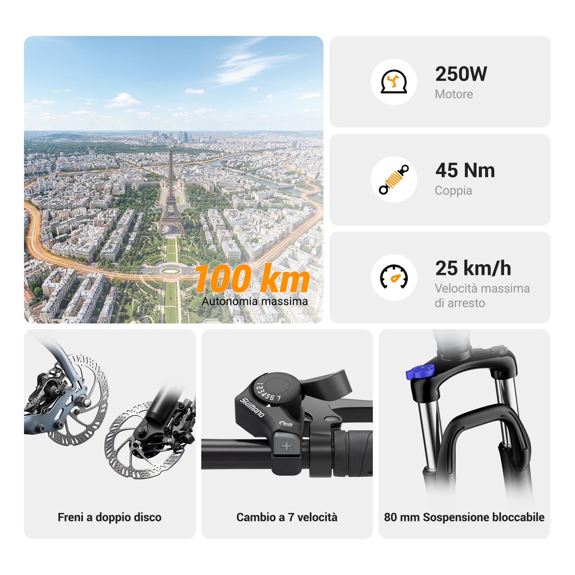 Eleglide Bicicletta elettrica, bicicletta elettrica T1, 27,5", da trekking, con batteria da 13 Ah, gamma lunga, 100 KM, motore da 250 W, Shimano a 7 ozze, per uomo e donna, freni a doppio disco