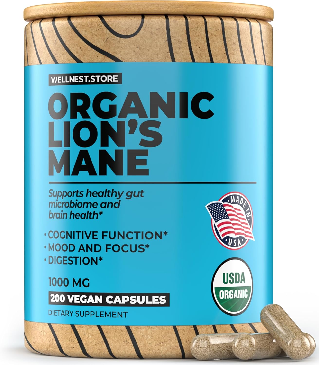 Lions Mane Mushroom Organic Supplement (Hericium Extract) 200 Veggie Caps – Immune Support Supplement; Improve Cognitive Function + Promote Vitality, Protect Nerve Cells