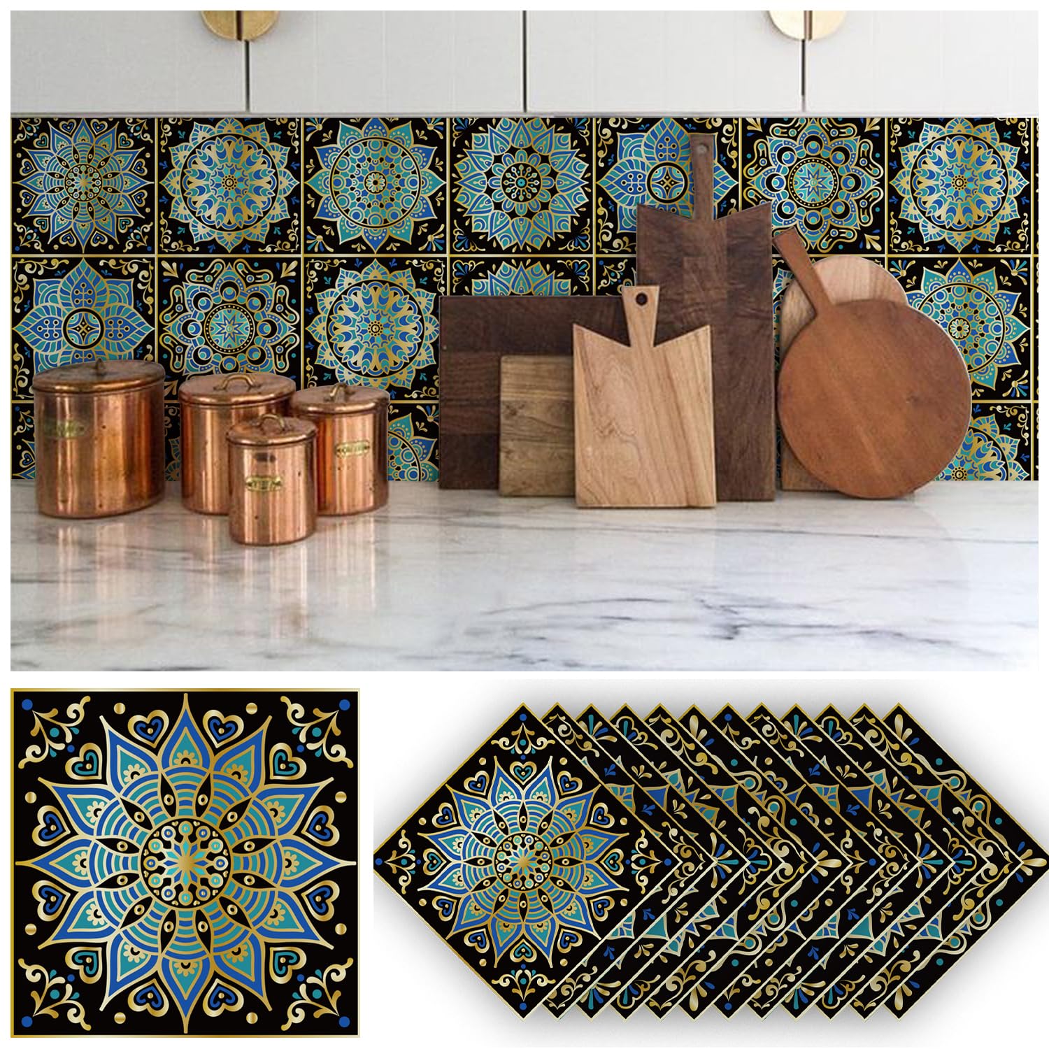 Alwayspon 12PcsX20cm/8inch Mandala Vinyl Wall Tile Sticker Transfer, Waterproof Sticky Back Tile Sticker for Kitchen Bathroom Self-adhesive Peel and Stick PVC Stick on Tile, Dark Blue T54