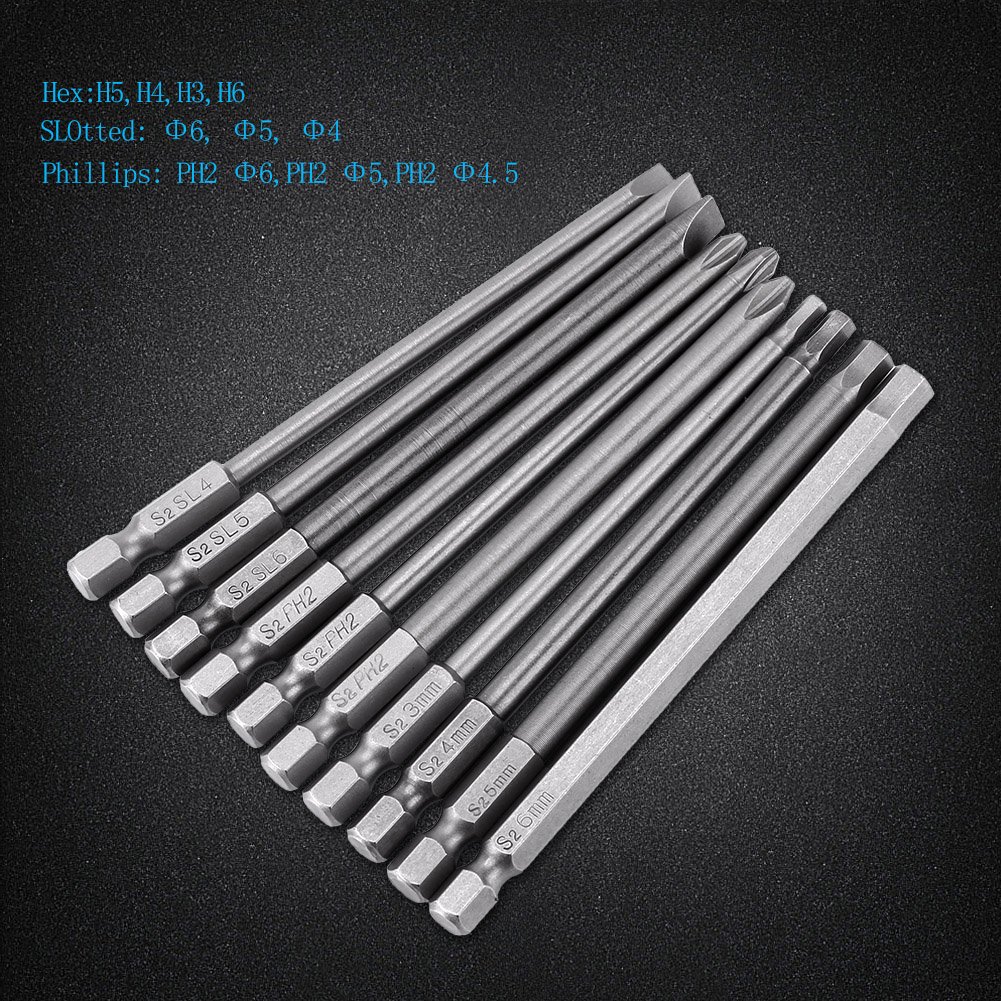Keenso Schraubendreher Bits Set, 10 Stück 1/4 Zoll 100mm Schraubendreher Bits Magnet BST Schraubendreher Bits (Schlitzkopf, Kreuzkopf, Sechskantkopf)