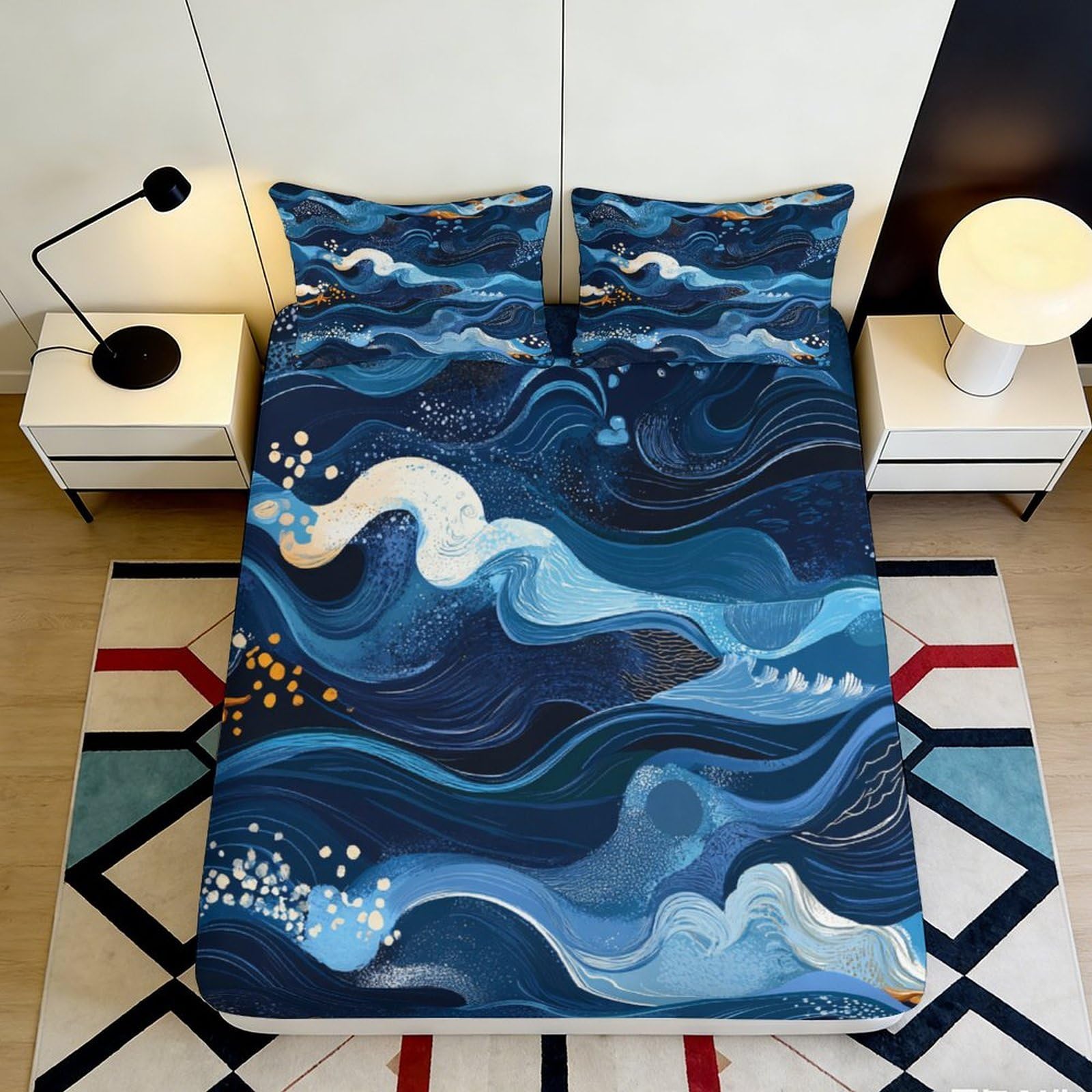 3D Printed Ocean Wave Fitted Sheet Microfiber Soft Breathable Blue Abstract Mattress Cover for Bedroom Dormitory Guest Room Mattress Protection Decor 180x200x25cm