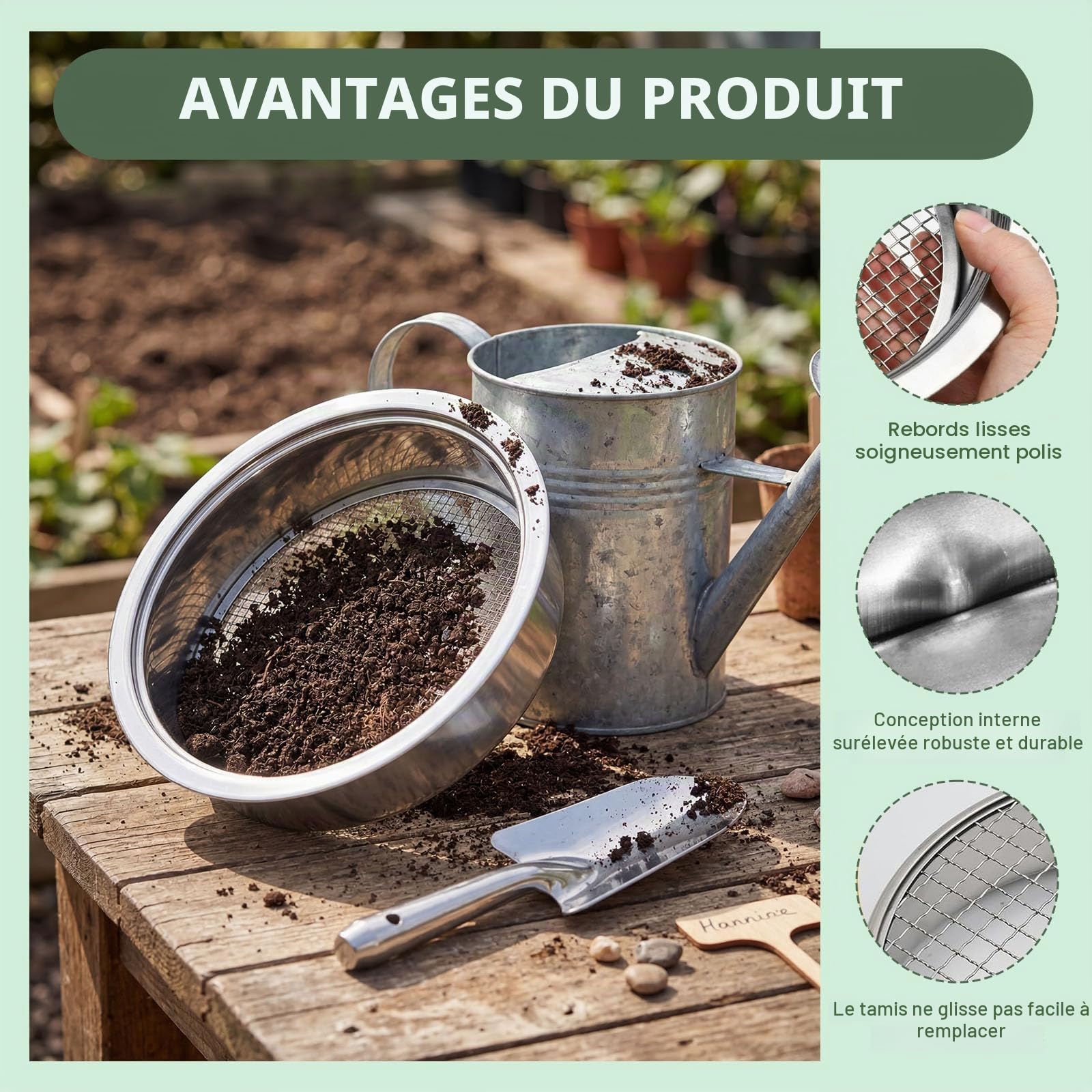 5 en 1 Tamis Jardinage Tamis Sable en Acier Inoxydable Ø 1, 3, 6, 9, 12 mm Tamis de Terre avec 1 Pelle à Main pour Terre, Pierres, Compost, Mauvaises Herbes, Sable, Gravier, Graines