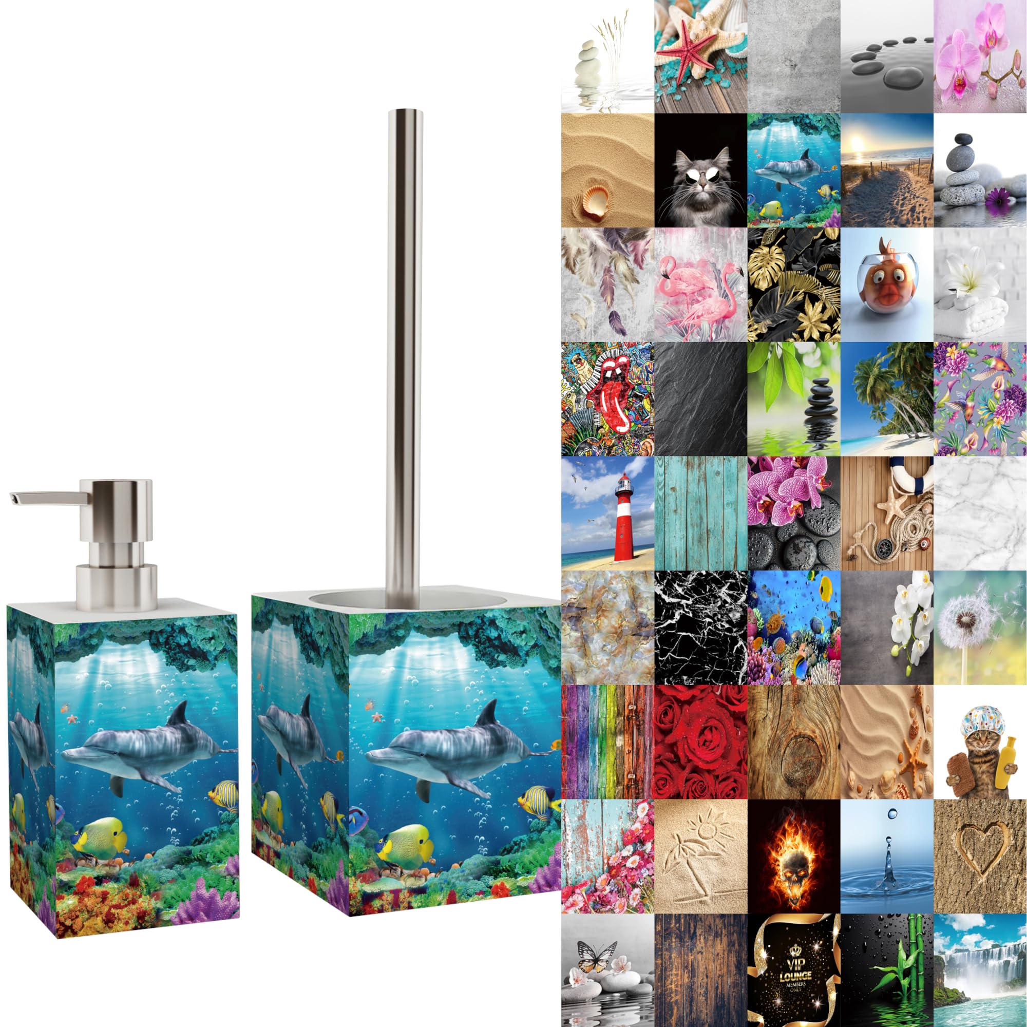 Premium Bathroom Set | Great Range | Soap Dispenser and Toilet Brush | Beautiful designs surface (Dolphin)