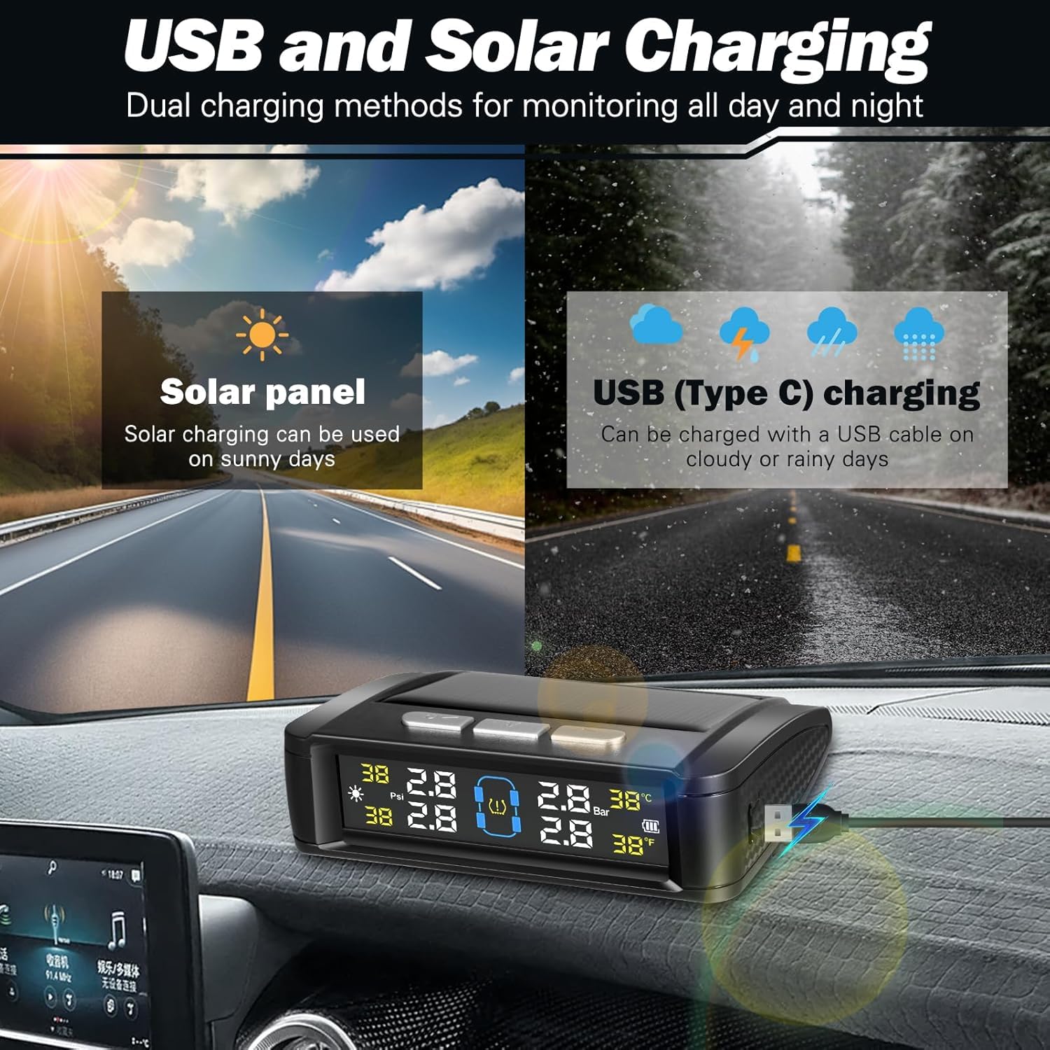 TPMS - Sistema di controllo della pressione degli pneumatici, 4 x sensore di pressione degli pneumatici, senza fili, a energia solare, USB, con display LCD, gamma di pressione: 0-6 bar, per