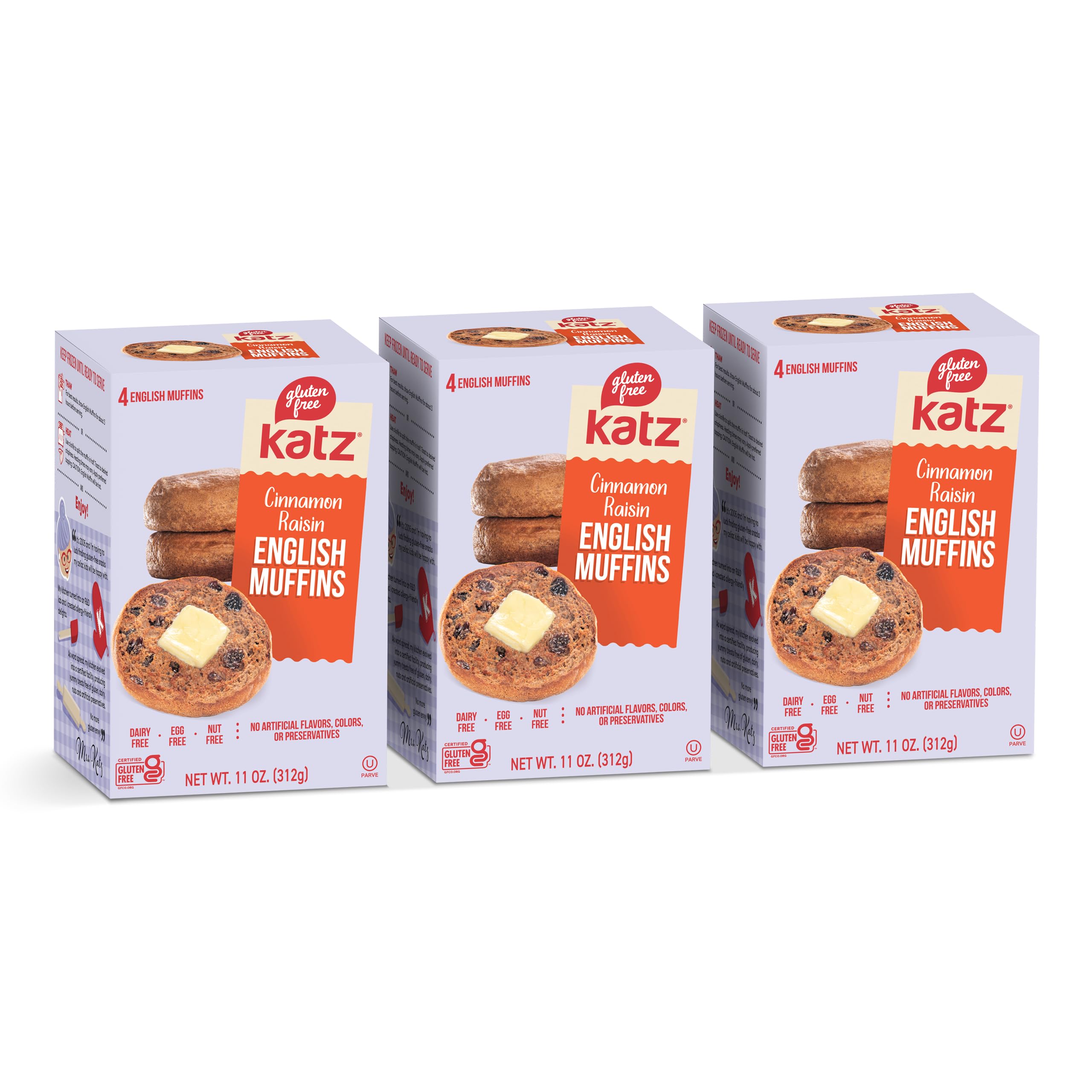 Katz Gluten Free Vegan English Muffins. Cinnamon Raisin. Easy to prepare your vegan Breakfast sandwich. Dairy Free, Egg Free, Nut Free, Peanut Free. 11 Oz (pack of 3)
