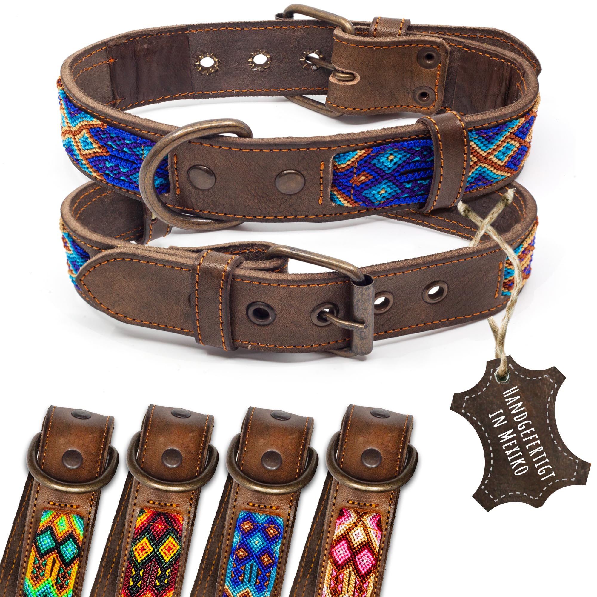 Collar de piel para perro – Doble tribal bordado azul marrón – Collar de perro de alta calidad – Hecho a mano en México – Talla M – Collar perro para perros medianos de gran tamaño cuero ancho