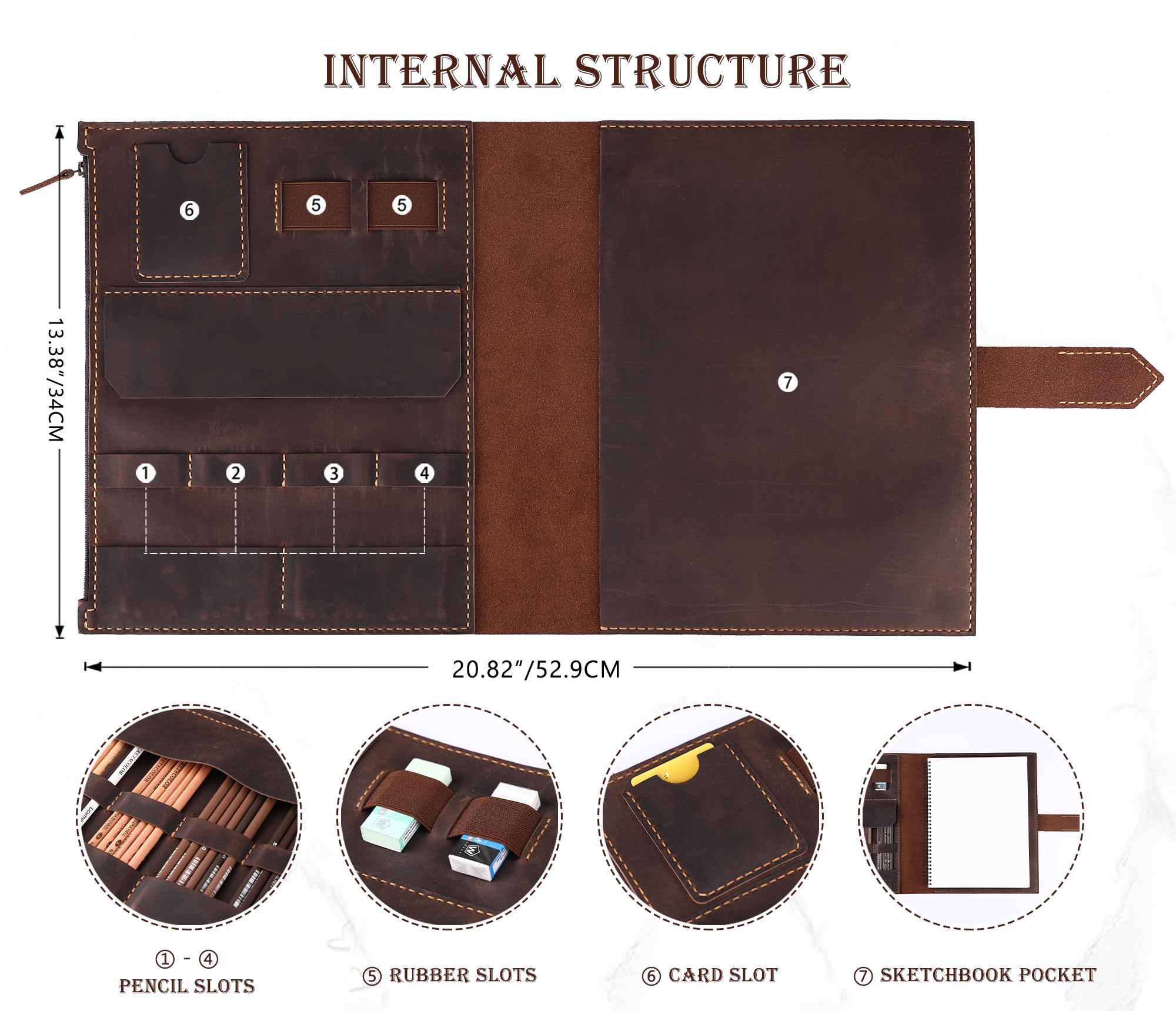 Fasjosma Housse de carnet de croquis en cuir pour carnet de croquis A4/22,9 x 30,5 cm – Fait à la main en cuir véritable avec porte-crayon et poche zippée, fournitures de dessin professionnels (marron