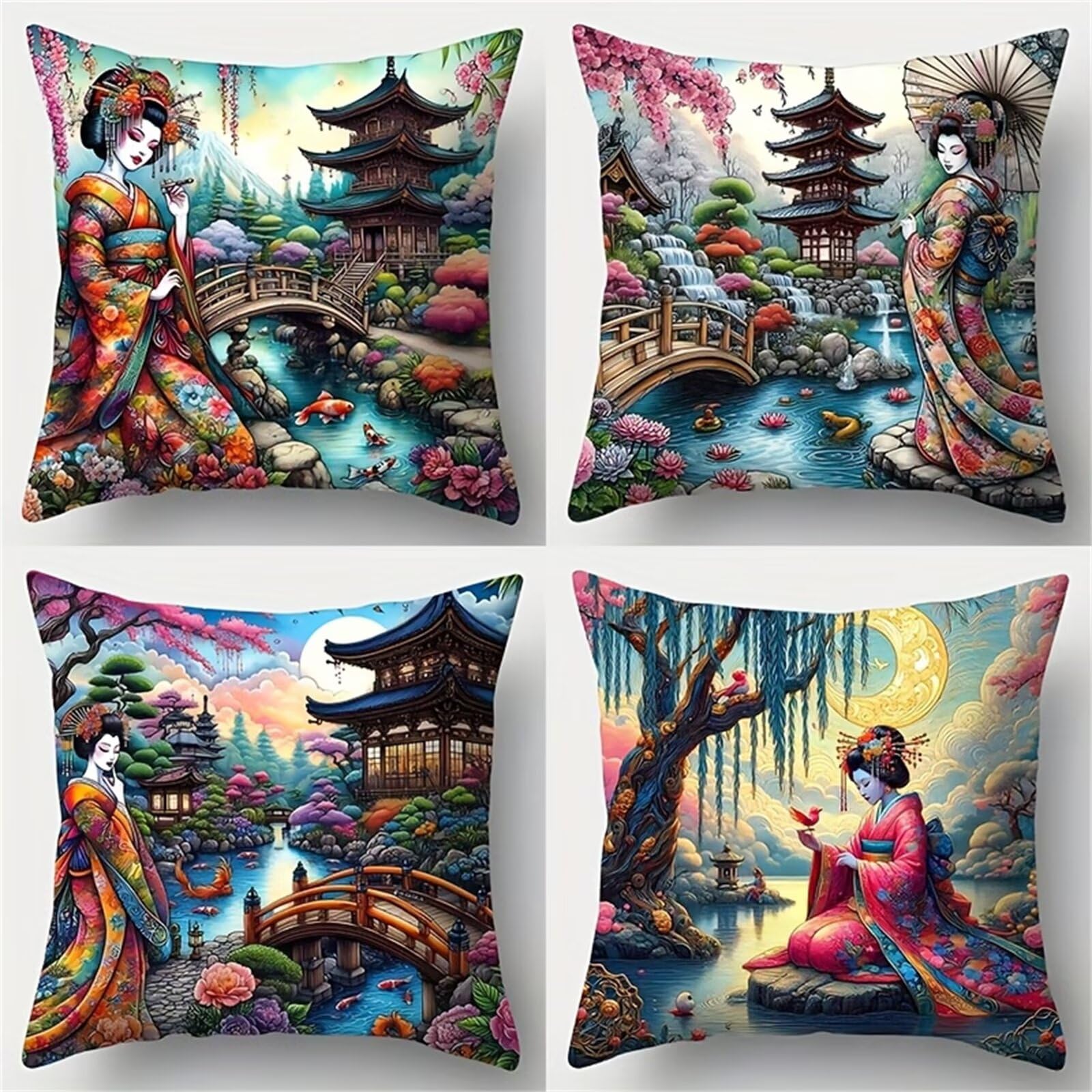 QiHon Cushion Covers 60x60 cm Set of 4 Japanese Scenery Linen Square Pillow Cases 24x24 inch Modern Decorative Throw Pillow Covers for Sofa Couch Bedroom Home Office with Invisible Zipper