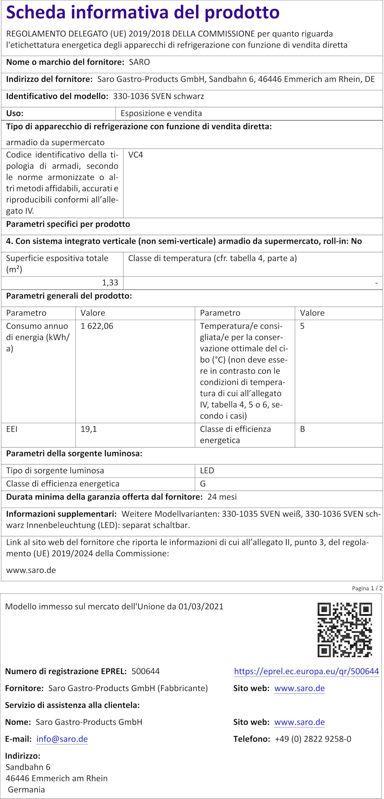 SARO SVEN - Vetrina refrigerante da 235 l, raffreddamento a ricircolo, controllo digitale della temperatura 0/+12 °C, illuminazione a LED, 4 griglie regolabili, sbrinamento automatico, plastica nera