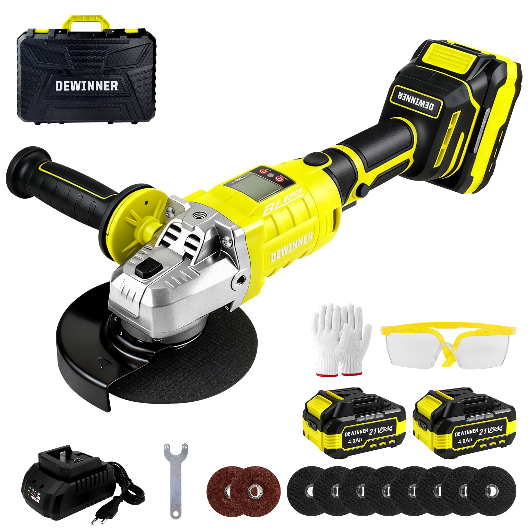 DEWINNER Smerigliatrice Angolare a Batteria Brushless 20V, Ø125mm, può ruotare di 90° su entrambi i lati.Smerigliatrice Angolare Senza Fili con 2 Batterie da 4.0Ah, 8500 giri/min, Dischi da Taglio