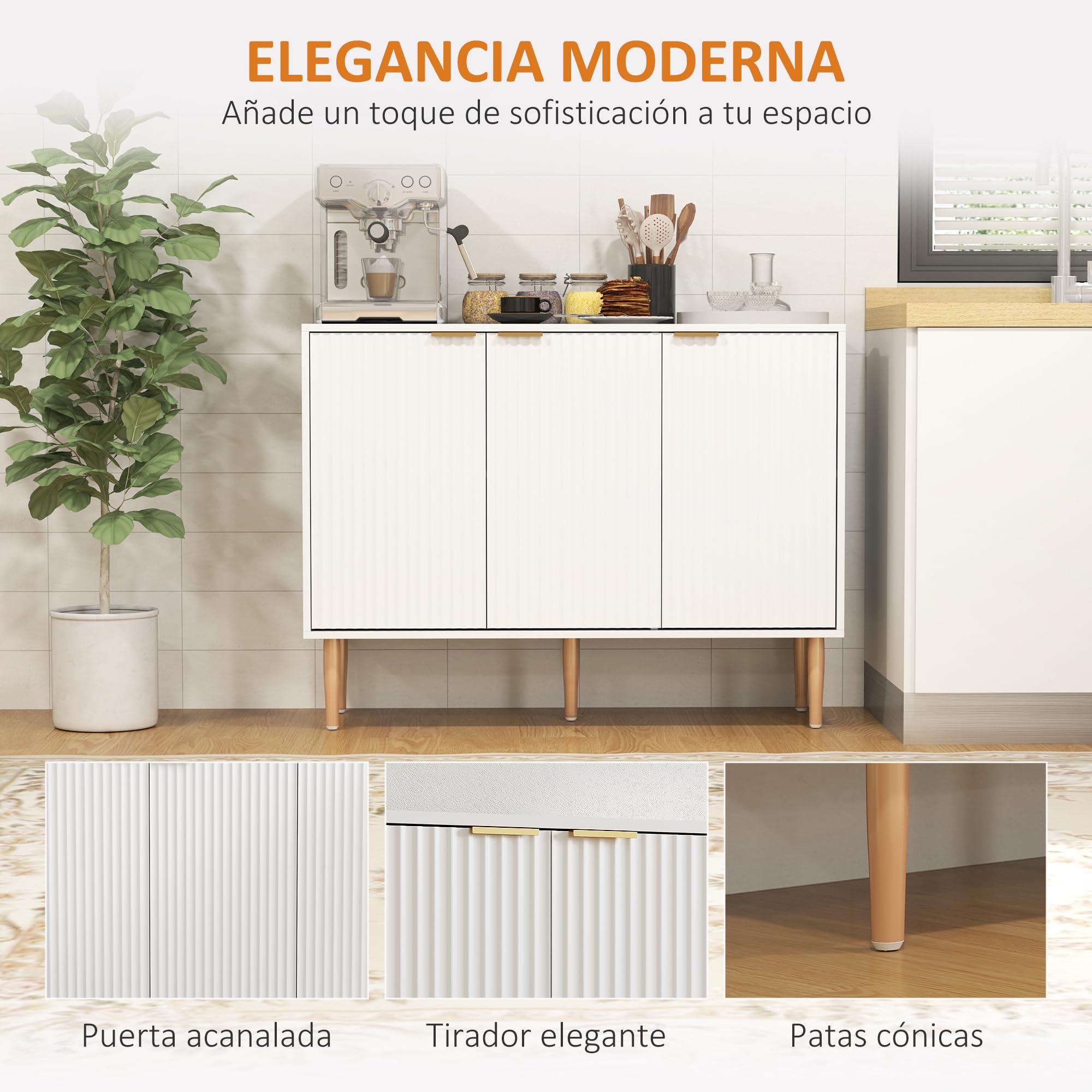 HOMCOM Aparador de 3 Puertas Acanaladas de Salón 107x35x80 cm Blanco | Estante Ajustable, Mueble para TV, Dormitorio, Sala de Estar