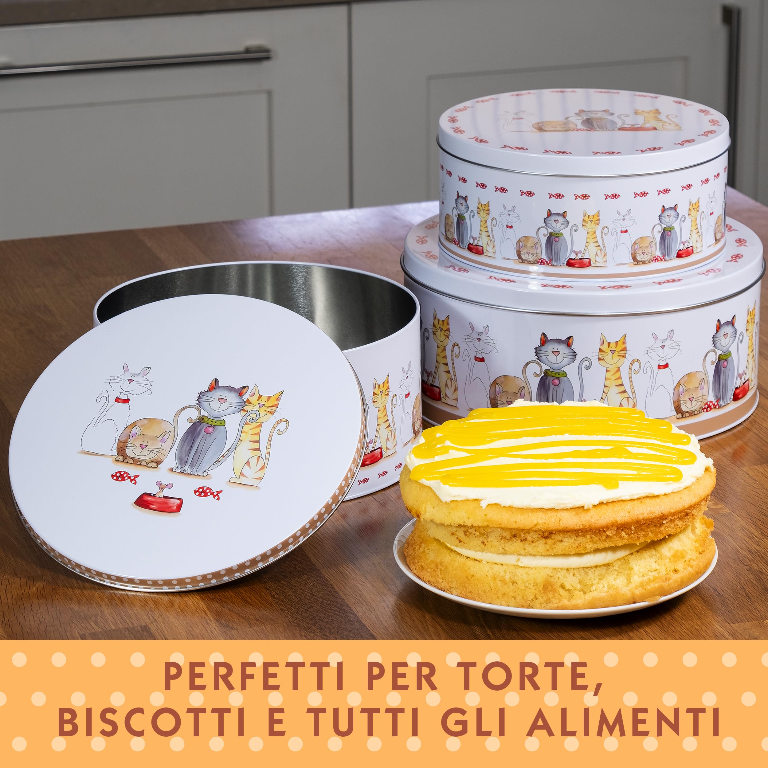 SPOTTED DOG GIFT COMPANY Set di 3 Scatole di Latta, Contenitori Impilabili per Biscotti in Metallo, Barattoli di Latta Rotondi Ermetici per Conservare Torte e Alimenti, Piccoli Medi Grandi - Gatti