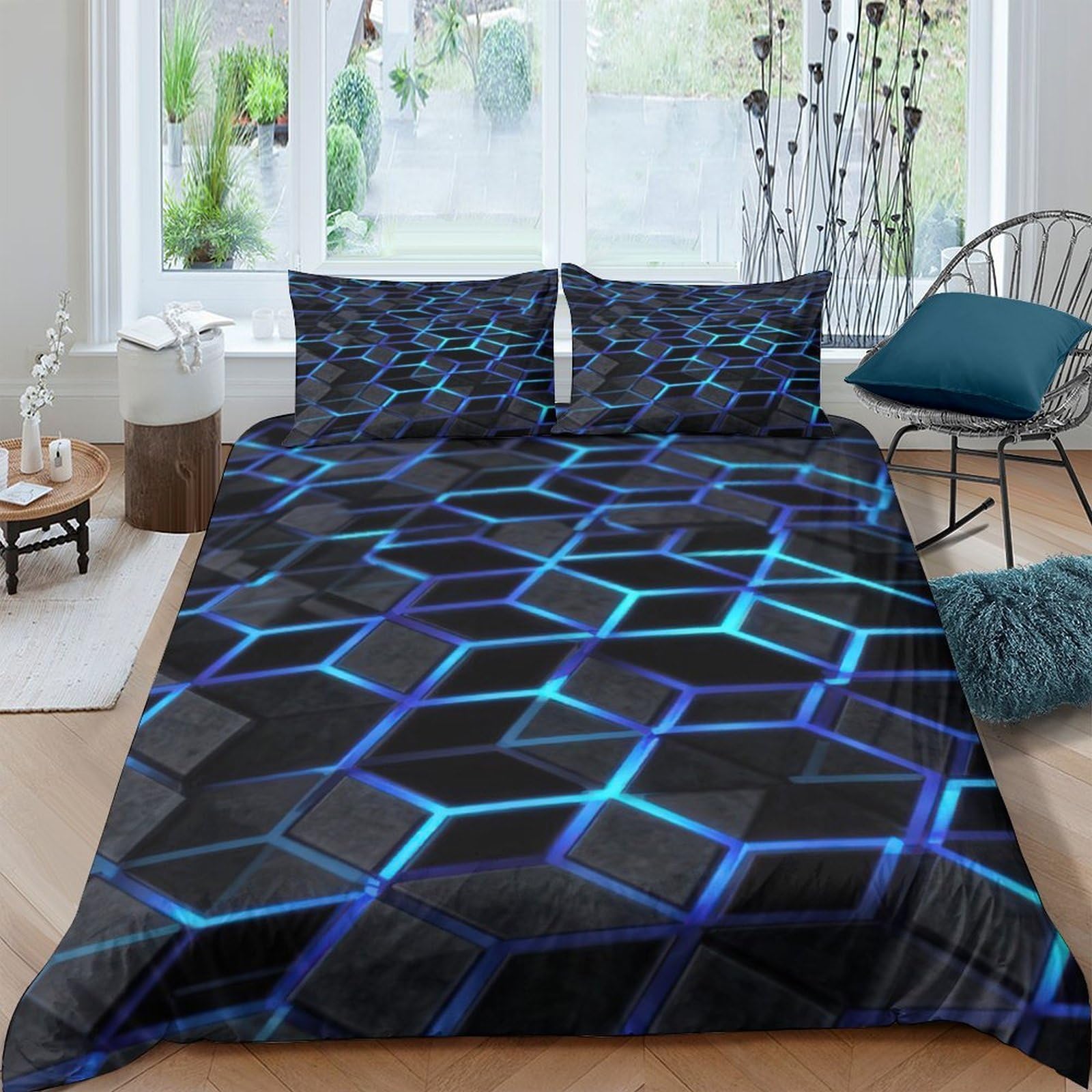 GPLZQXKJNH 3D Printed Geometric Hexagon Duvet Cover Set Microfiber Black Blue Quilt Cover with 2 Pillowcases for Bedroom Decor Single（135x200cm）