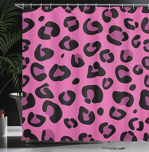Miniatura 3 de Ambesonne Cortina de ducha rosa intenso, patrón de piel de leopardo en estilo abstracto, tema de selva salvaje de sabana, juego de decoración de