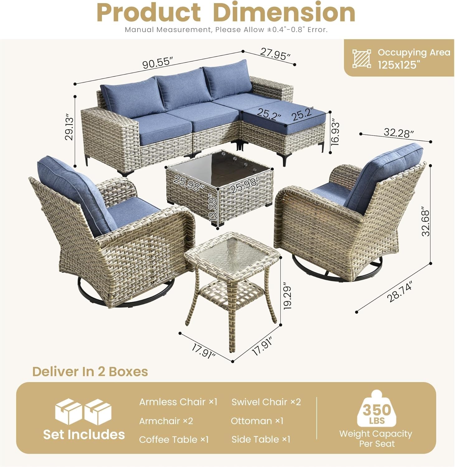 Outdoor Sectional Furniture Set 8 Pieces Wicker Patio Conversation Sets L Shape All Weather Outside Couch Sofa with Swivel Chairs Ottoman for Backyard Porch Balcony(Gray)