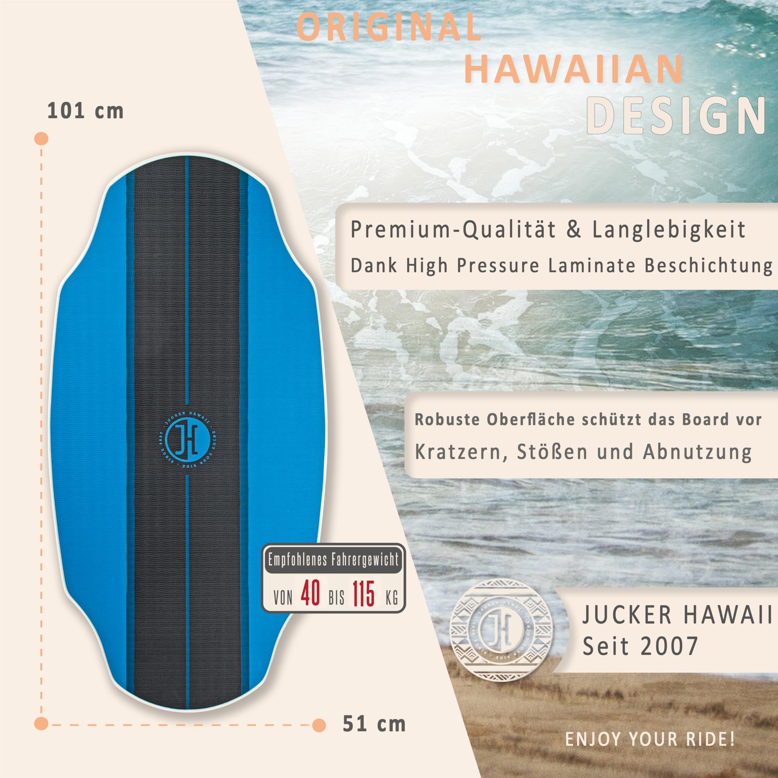 JUCKER Hawaii Skimboard HPL, scorrevolezza professionale, superficie antiscivolo