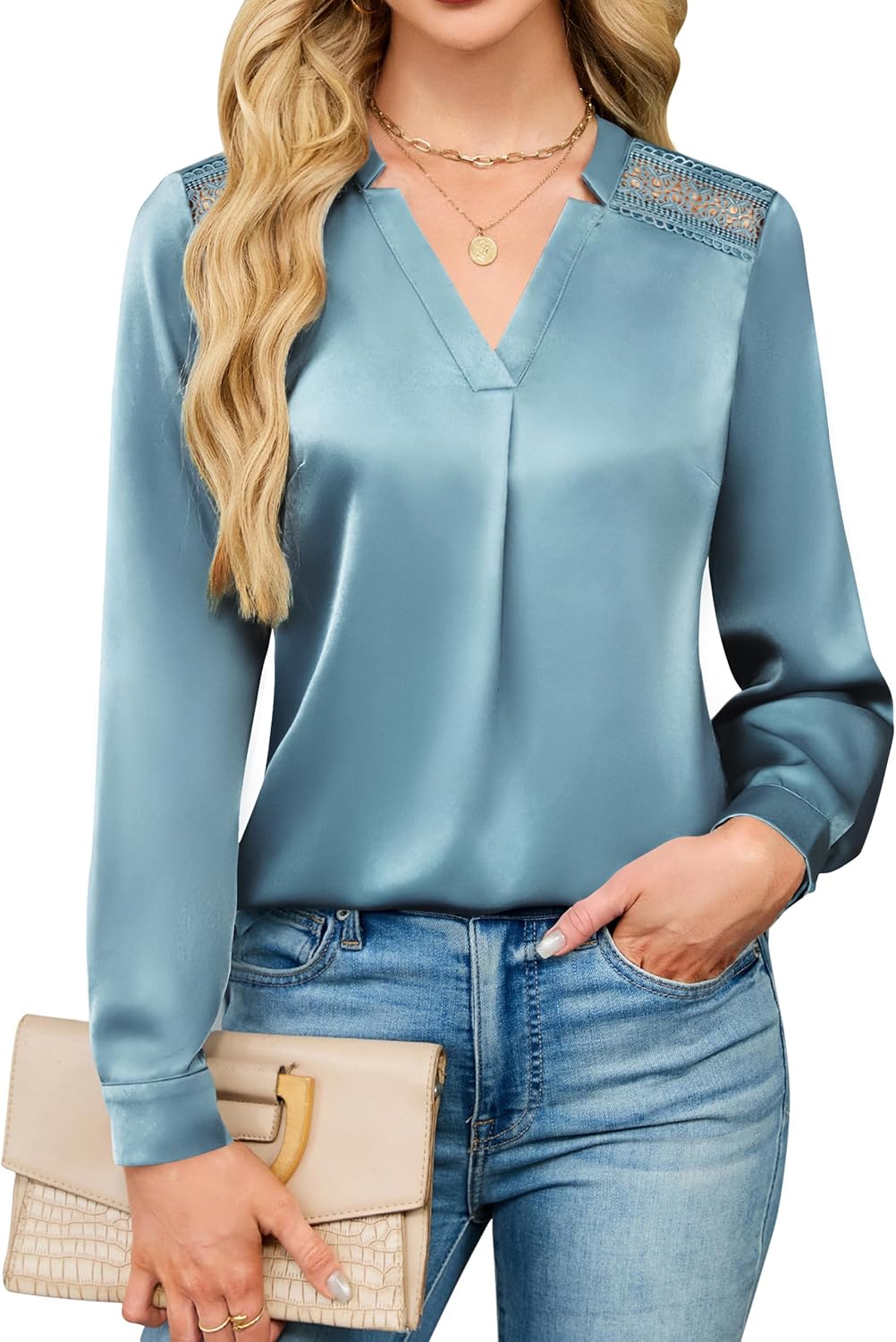 Blooming Jelly Womens Silk Business Dressy Casual Blouse Lace V Neck Long Sleeve Tops Work Shirt Fall Outfit 2025 Trendy